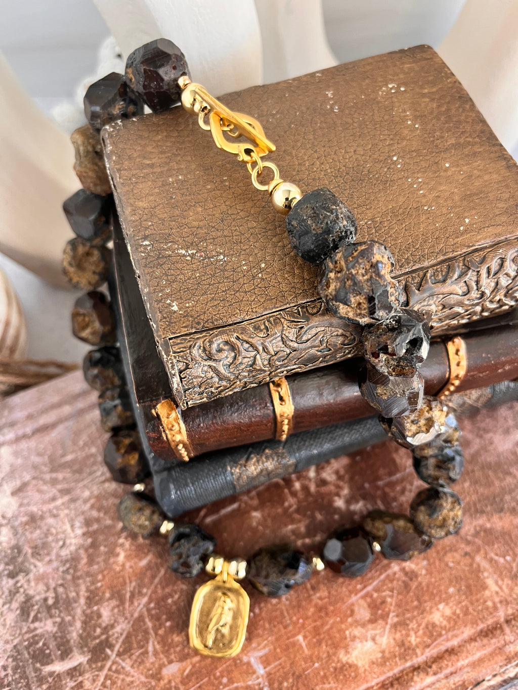 'Genevieve' | Natural Yellow Raw and Faceted Garnet with Antique Gold Pendant