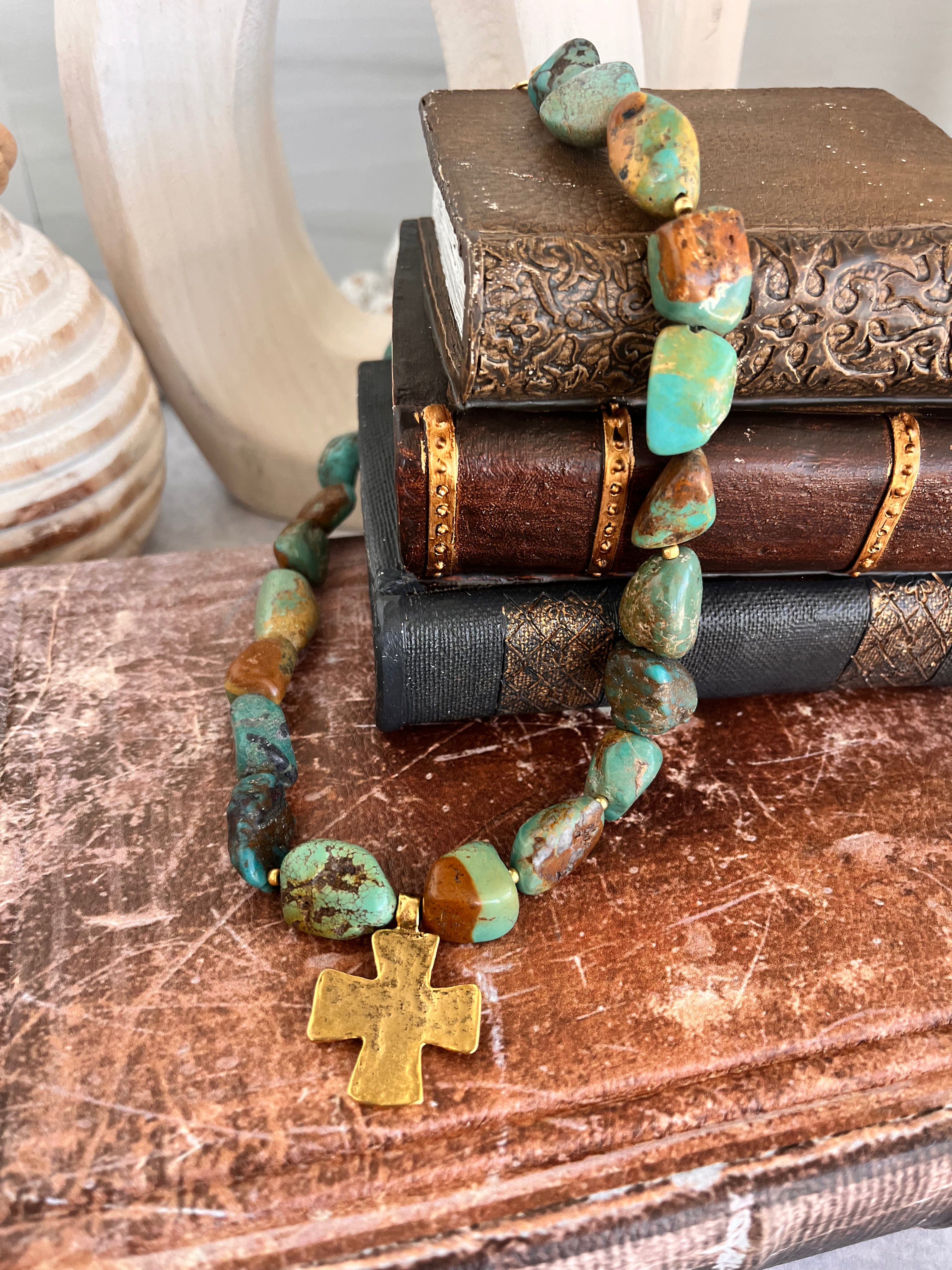 'Colette' | Turquoise and Antique Gold Cross Pendant