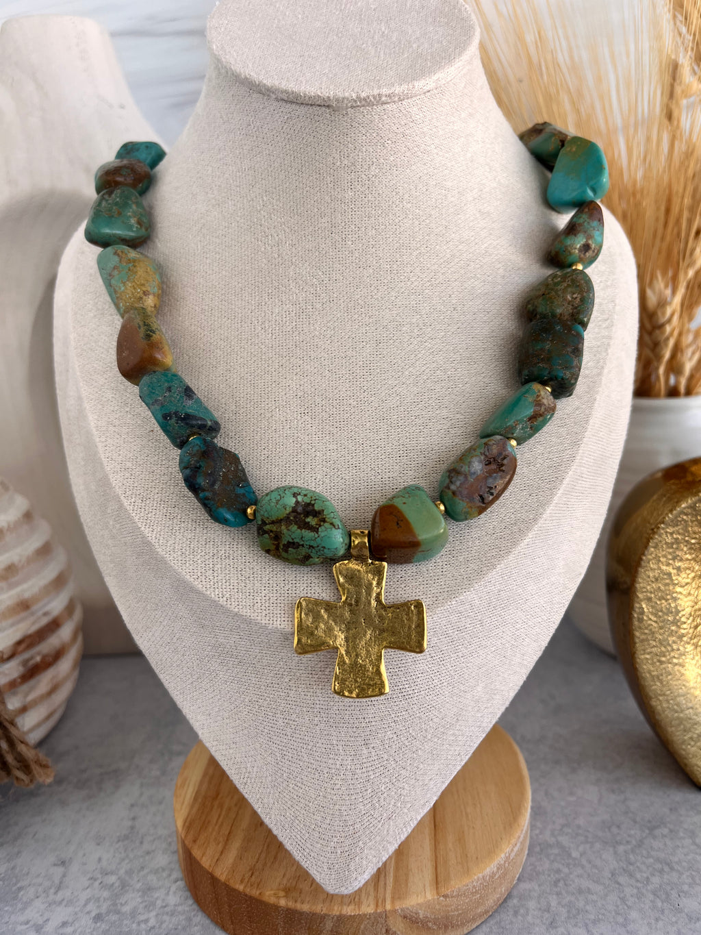 'Colette' | Turquoise and Antique Gold Cross Pendant