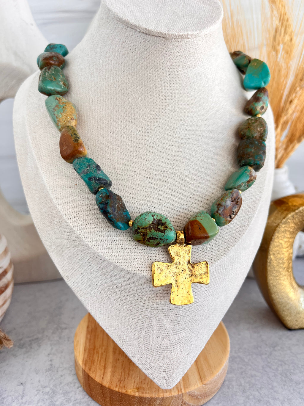 'Colette' | Turquoise and Antique Gold Cross Pendant