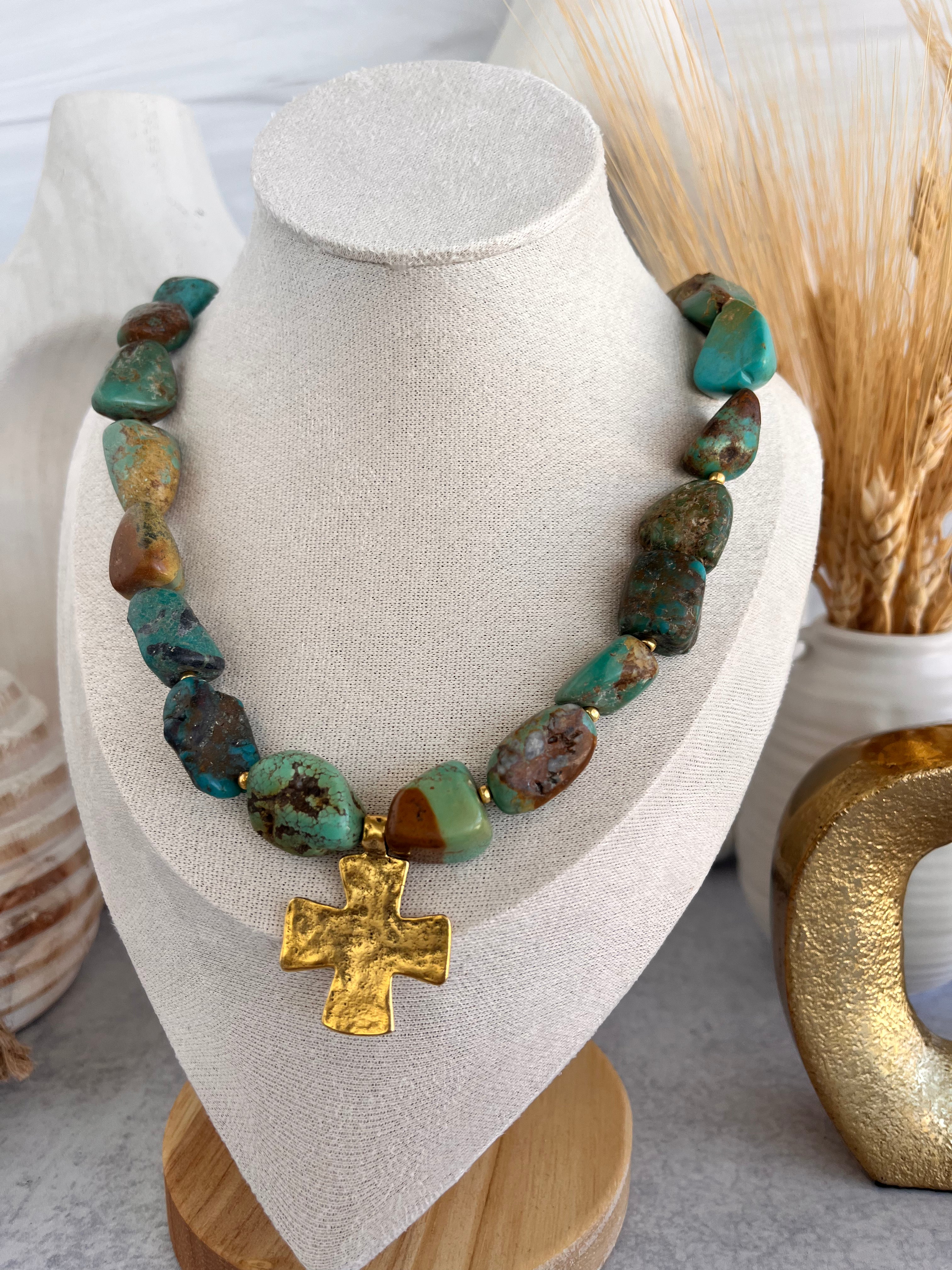 'Colette' | Turquoise and Antique Gold Cross Pendant