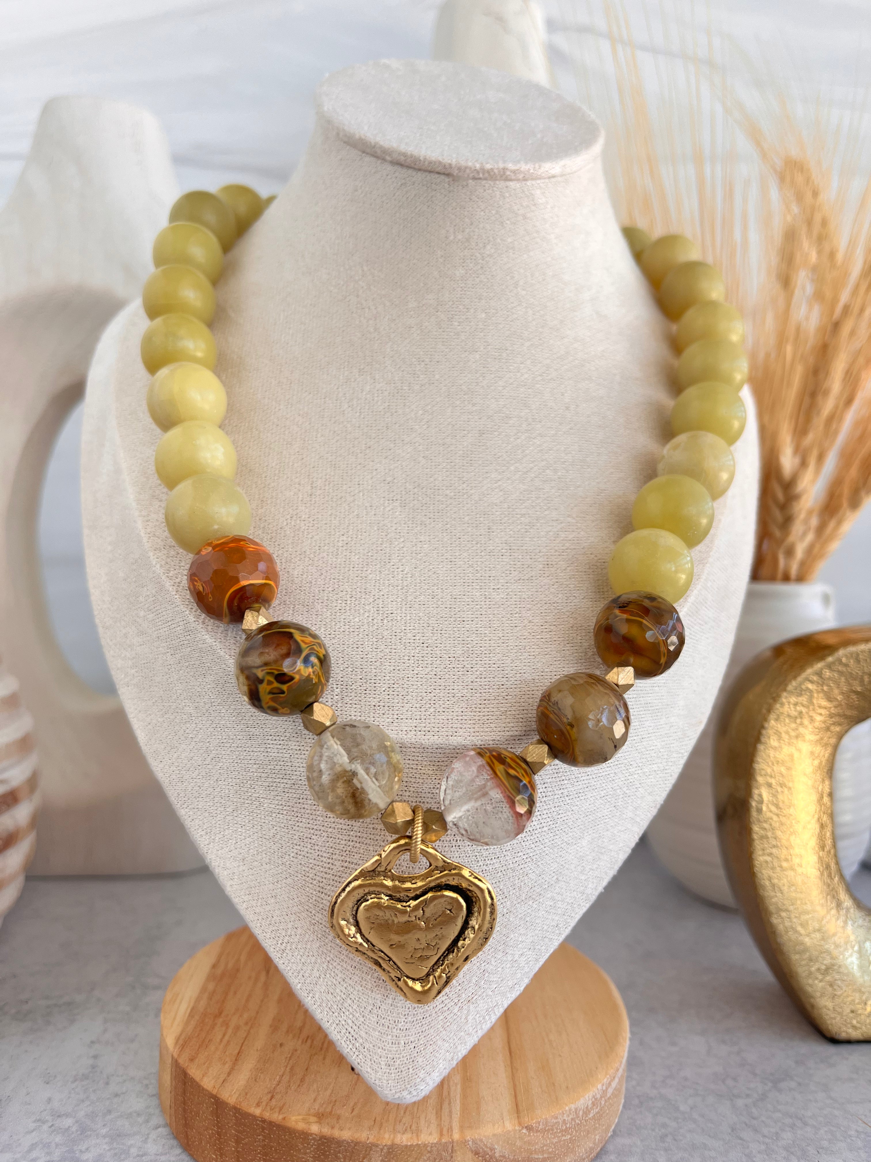 'Solange' | New Jade + Golden Healer with Antique Gold Heart Pendant