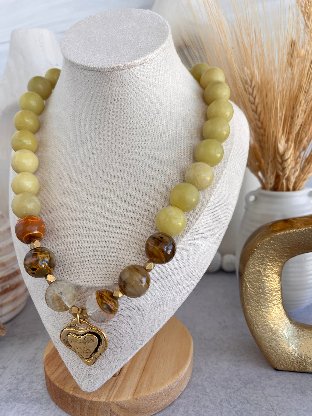 'Solange' | New Jade + Golden Healer with Antique Gold Heart Pendant