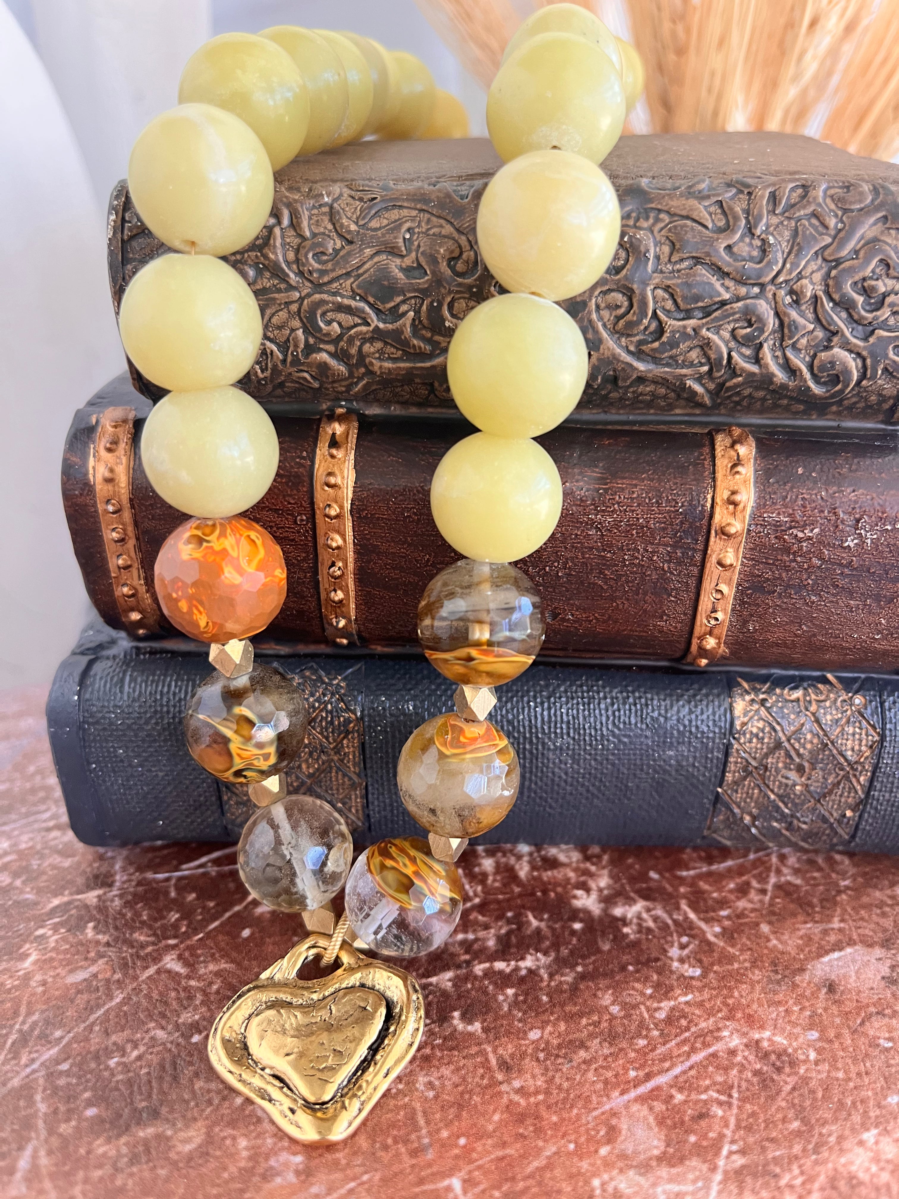 'Solange' | New Jade + Golden Healer with Antique Gold Heart Pendant