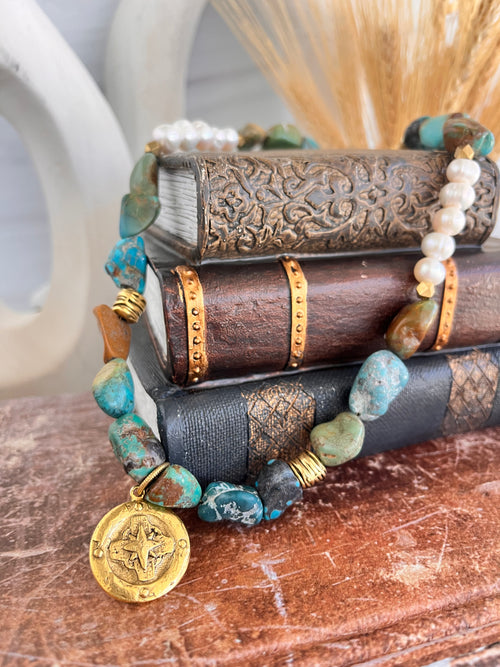 'Adelaide' | Turquoise + Freshwater Pearls with Antique Gold Medalion Pendant