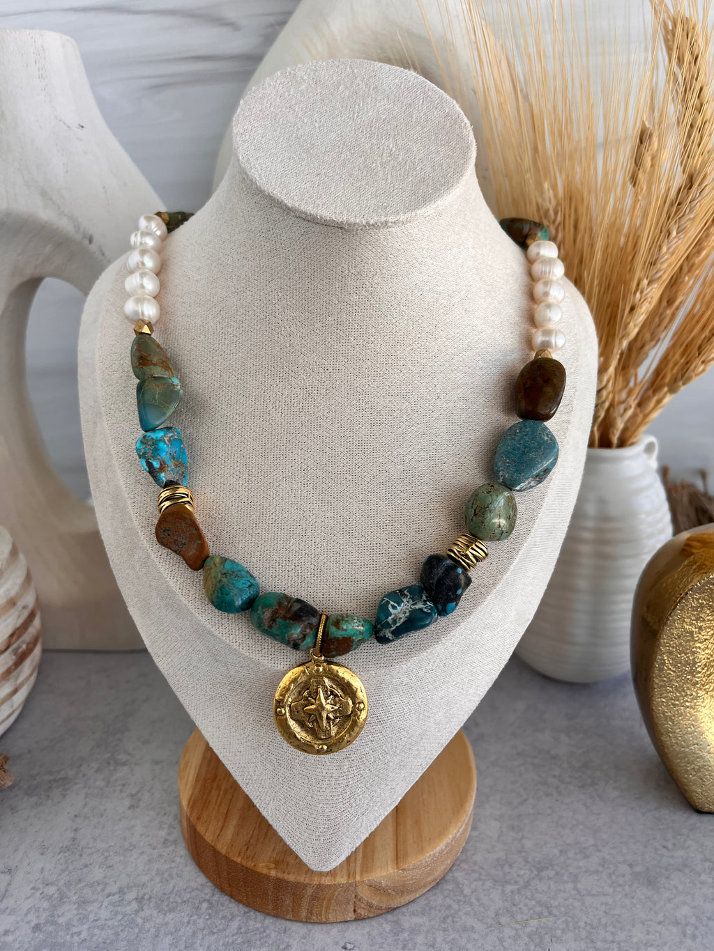 'Adelaide' | Turquoise + Freshwater Pearls with Antique Gold Medalion Pendant