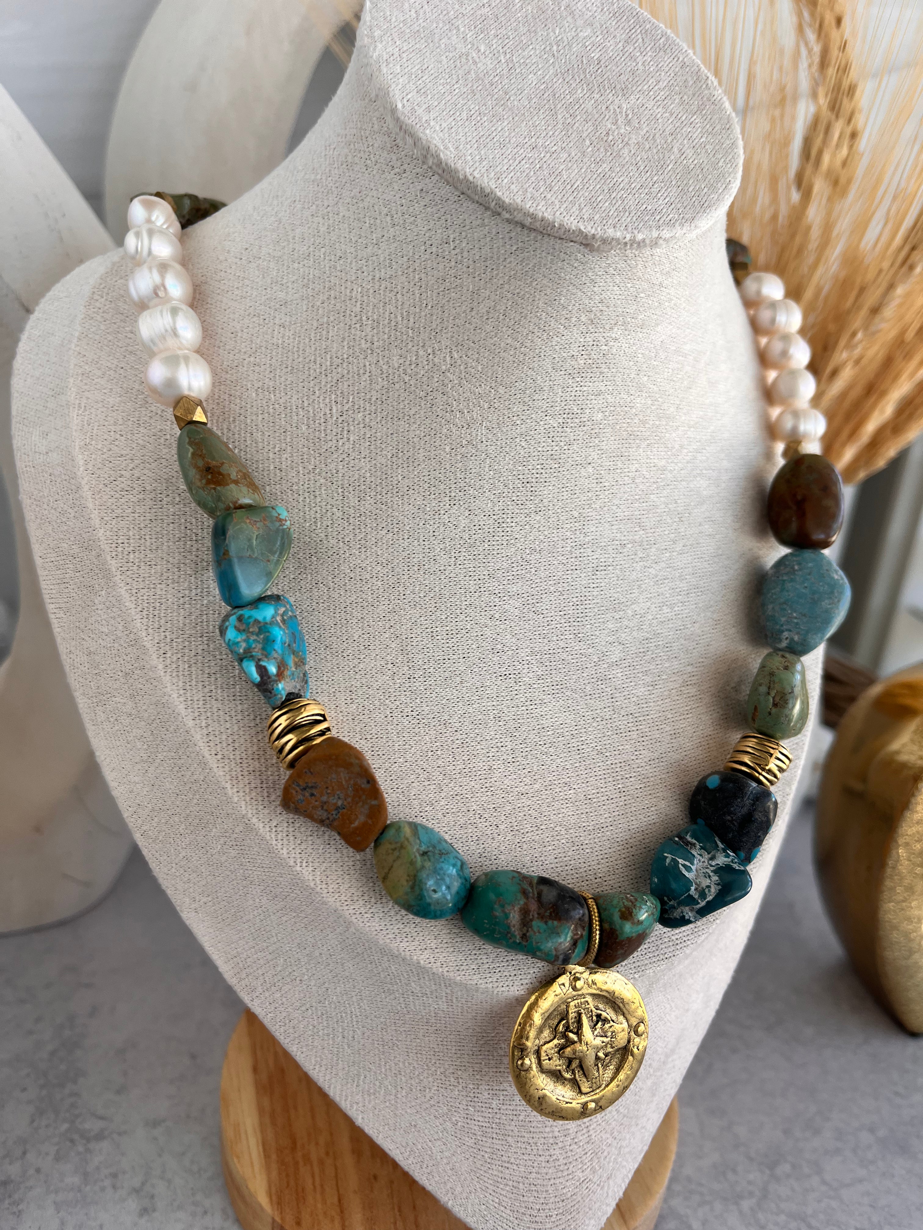 'Adelaide' | Turquoise + Freshwater Pearls with Antique Gold Medalion Pendant