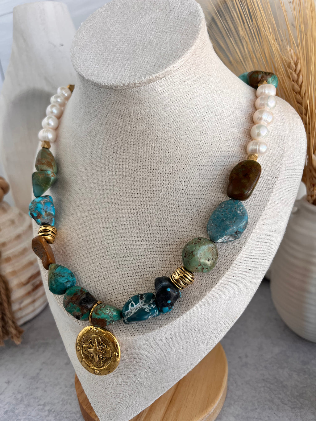 'Adelaide' | Turquoise + Freshwater Pearls with Antique Gold Medalion Pendant