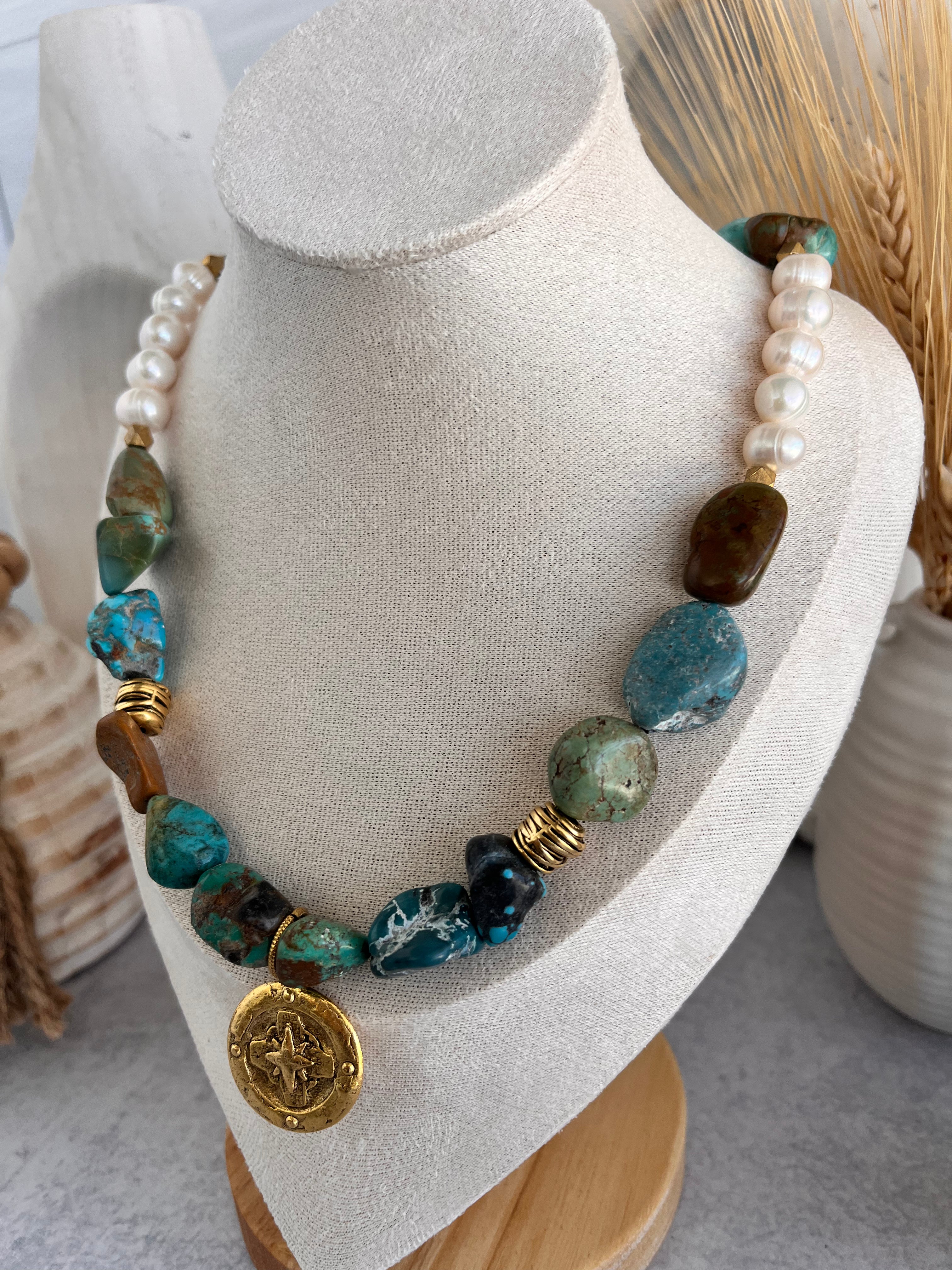 'Adelaide' | Turquoise + Freshwater Pearls with Antique Gold Medalion Pendant