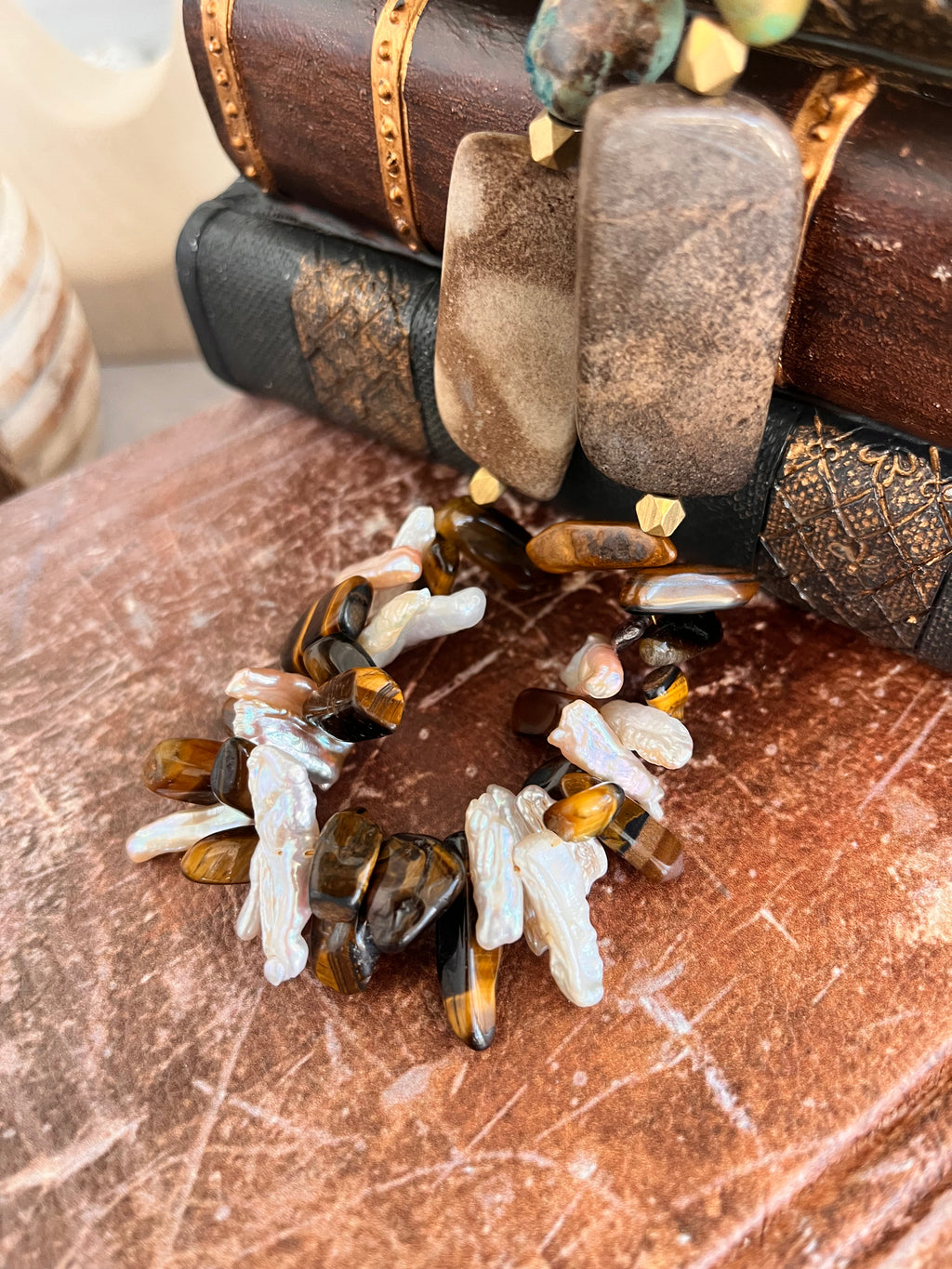 'Ines' | Natural Turquoise, Sheep Skin Jasper, Tiger's Eye and Freshwater Pearl Sticks Necklace