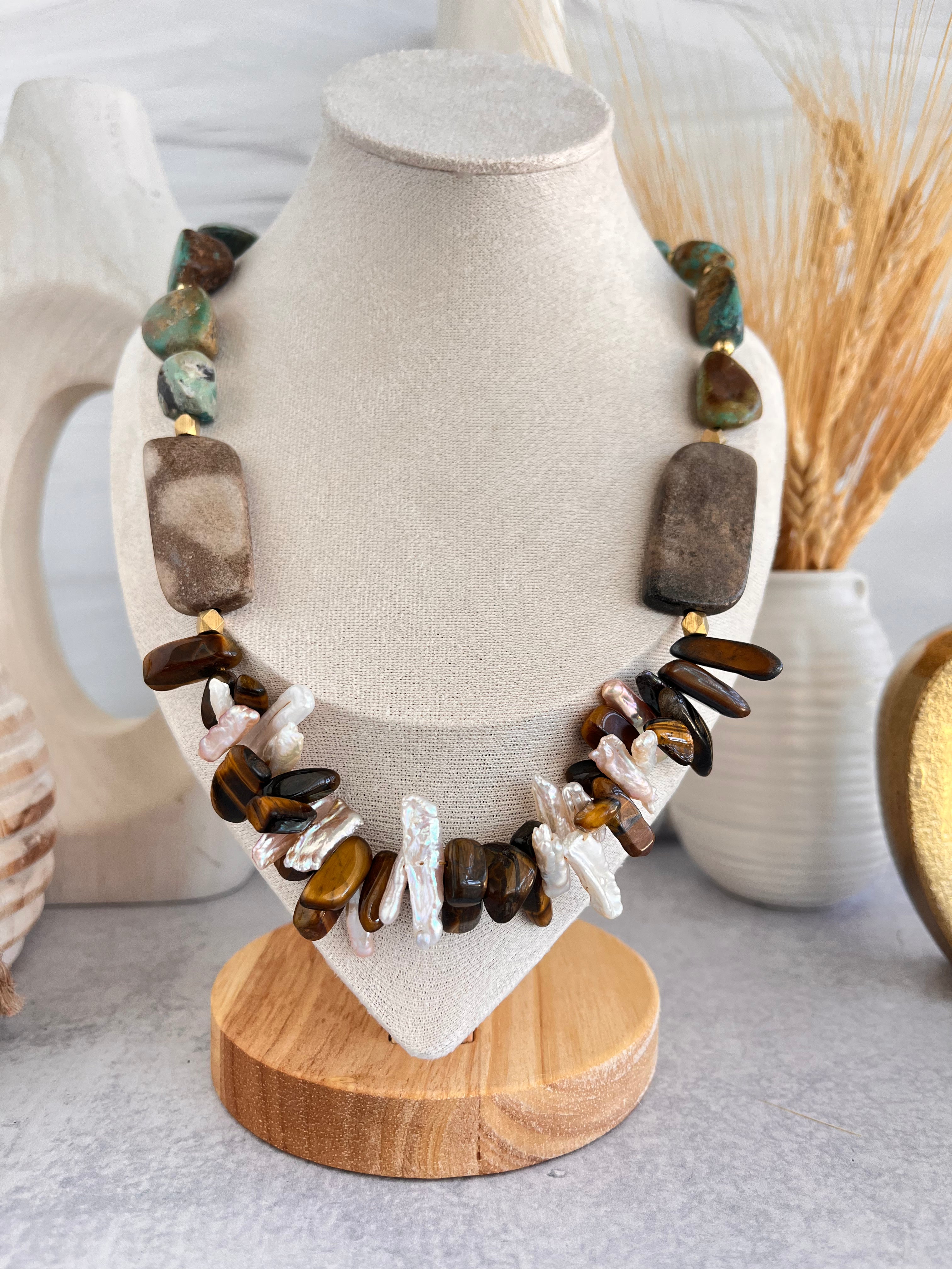 'Ines' | Natural Turquoise, Sheep Skin Jasper, Tiger's Eye and Freshwater Pearl Sticks Necklace