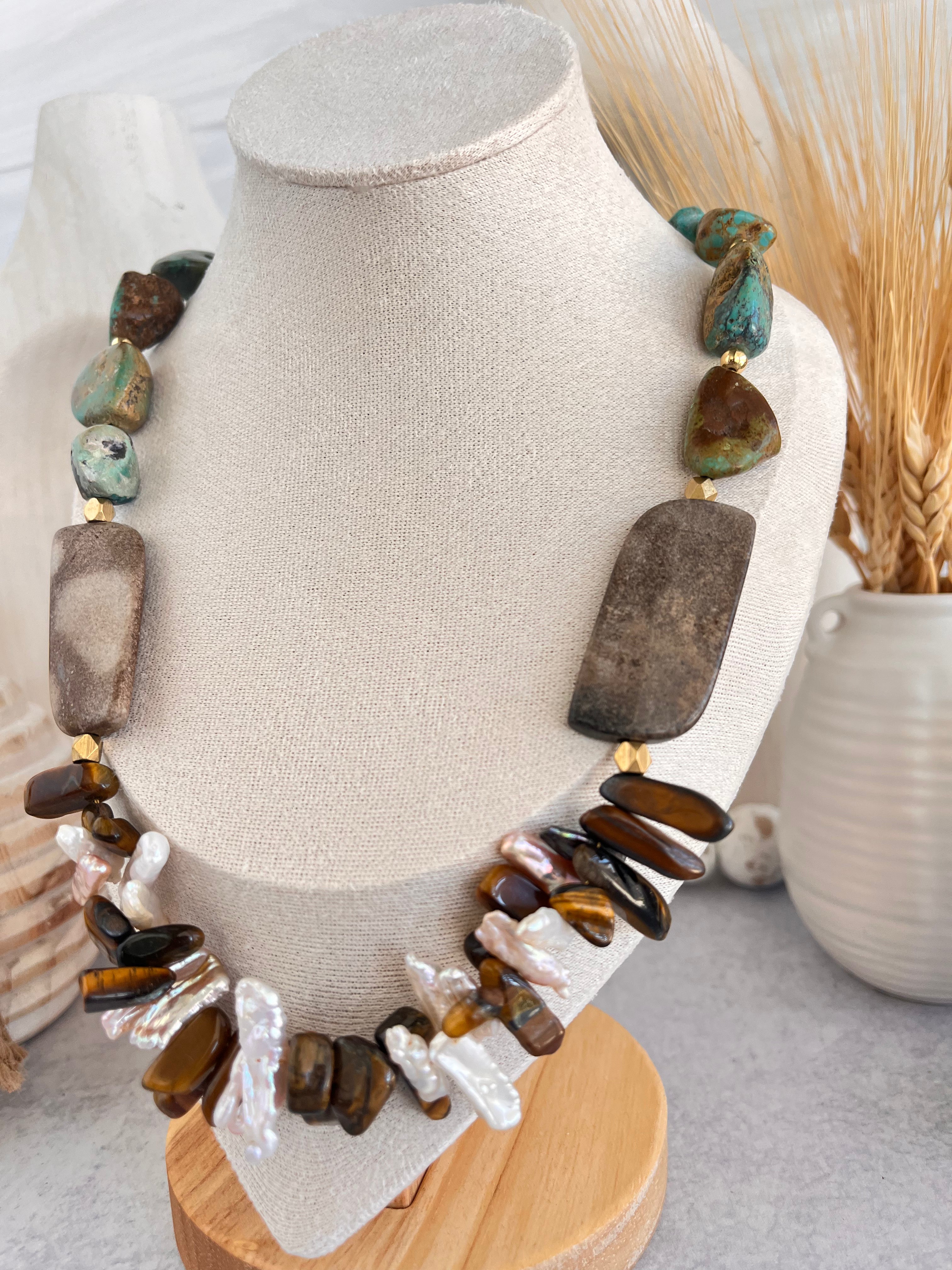 'Ines' | Natural Turquoise, Sheep Skin Jasper, Tiger's Eye and Freshwater Pearl Sticks Necklace