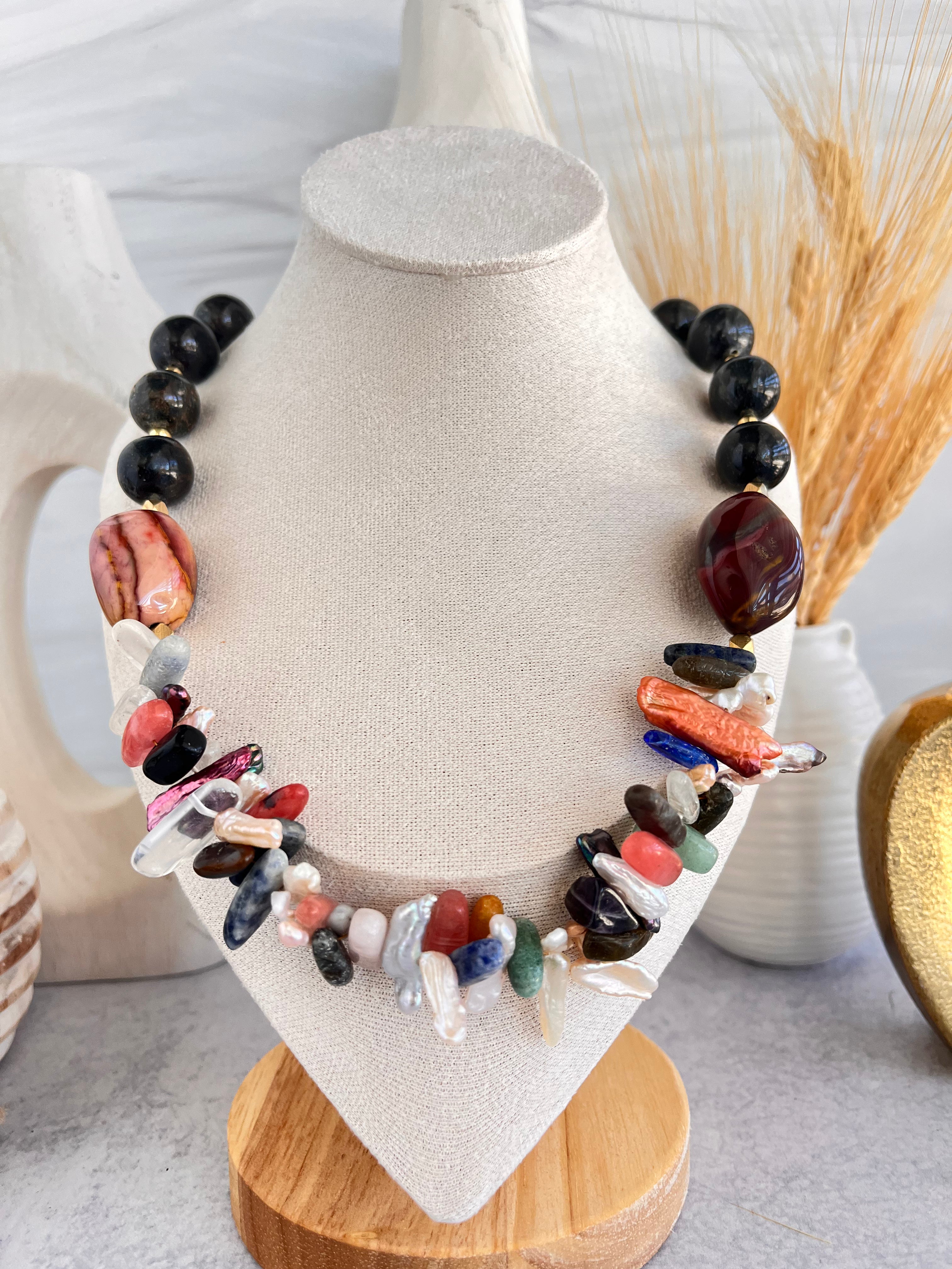 'Nóemie' | Gold Sheen Obsidian, Mookite Jasper, Natural Multi-stone and Multi-color Freshwater Pearl Sticks Necklace