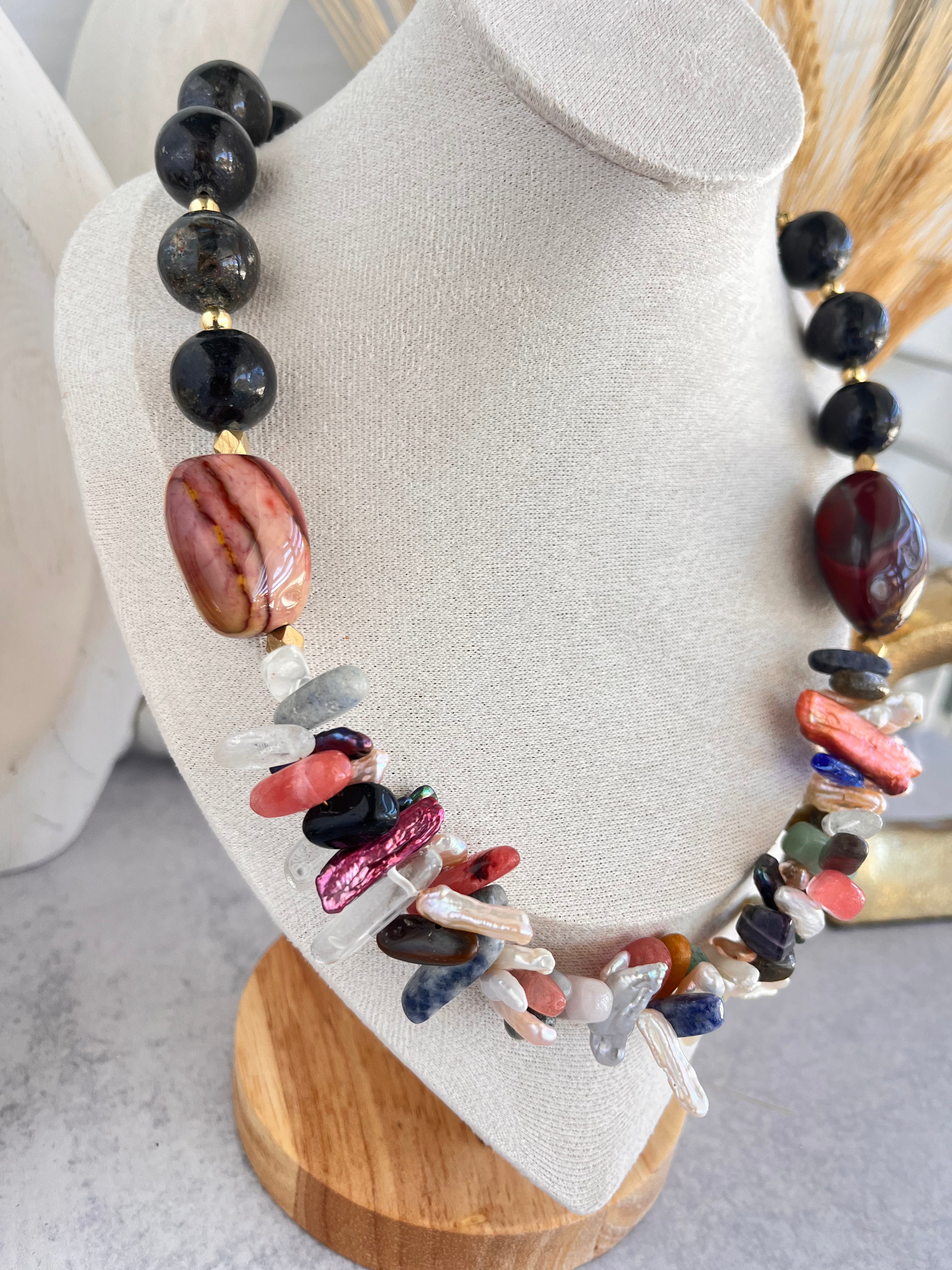 'Nóemie' | Gold Sheen Obsidian, Mookite Jasper, Natural Multi-stone and Multi-color Freshwater Pearl Sticks Necklace