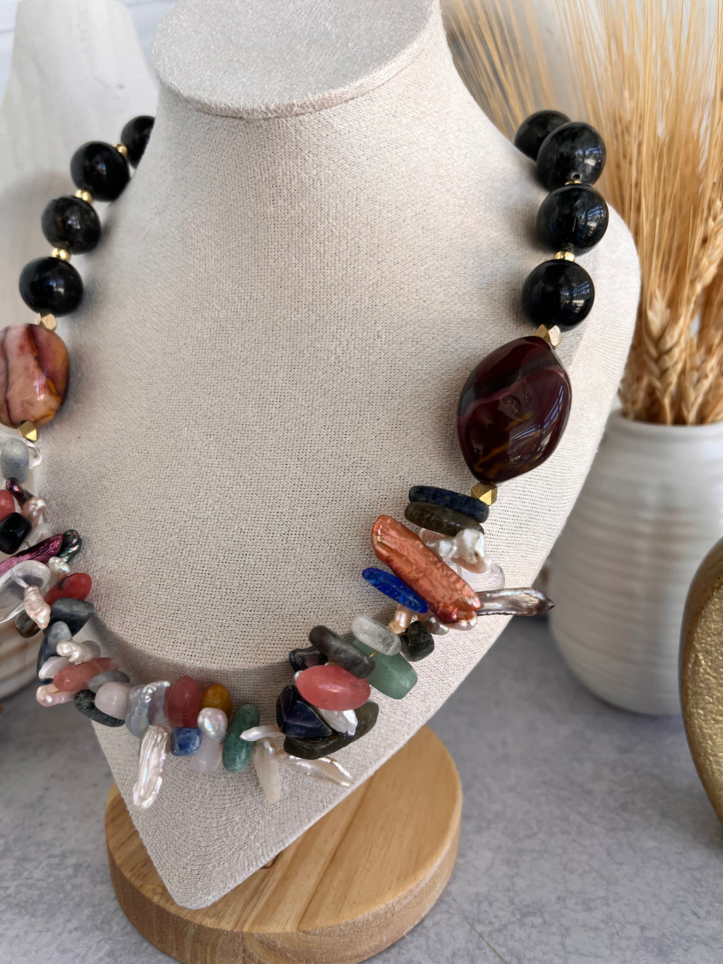 'Nóemie' | Gold Sheen Obsidian, Mookite Jasper, Natural Multi-stone and Multi-color Freshwater Pearl Sticks Necklace