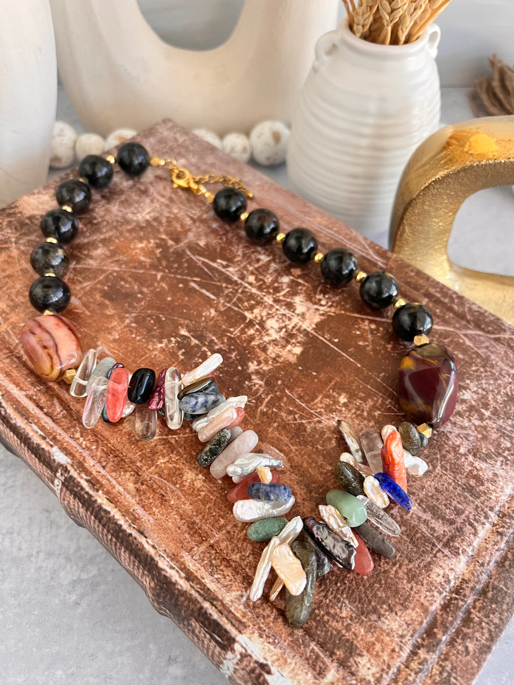 'Nóemie' | Gold Sheen Obsidian, Mookite Jasper, Natural Multi-stone and Multi-color Freshwater Pearl Sticks Necklace