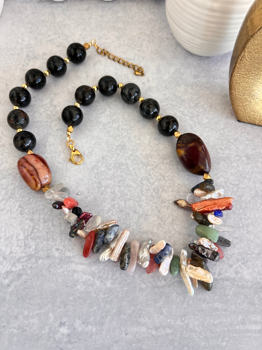 'Nóemie' | Gold Sheen Obsidian, Mookite Jasper, Natural Multi-stone and Multi-color Freshwater Pearl Sticks Necklace