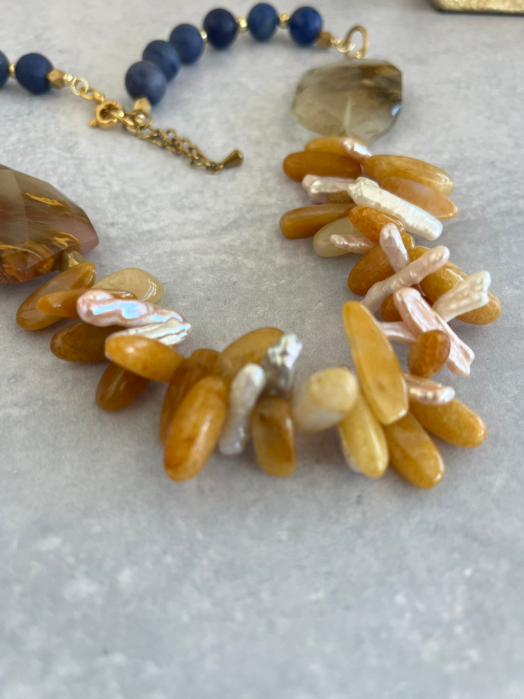 'Elodie" | Natural Matte Lapiz Stone with Large Golden Healer Quartz Vocals and Yellow Jade, Citrine and Freshwater Pearls in Sticks