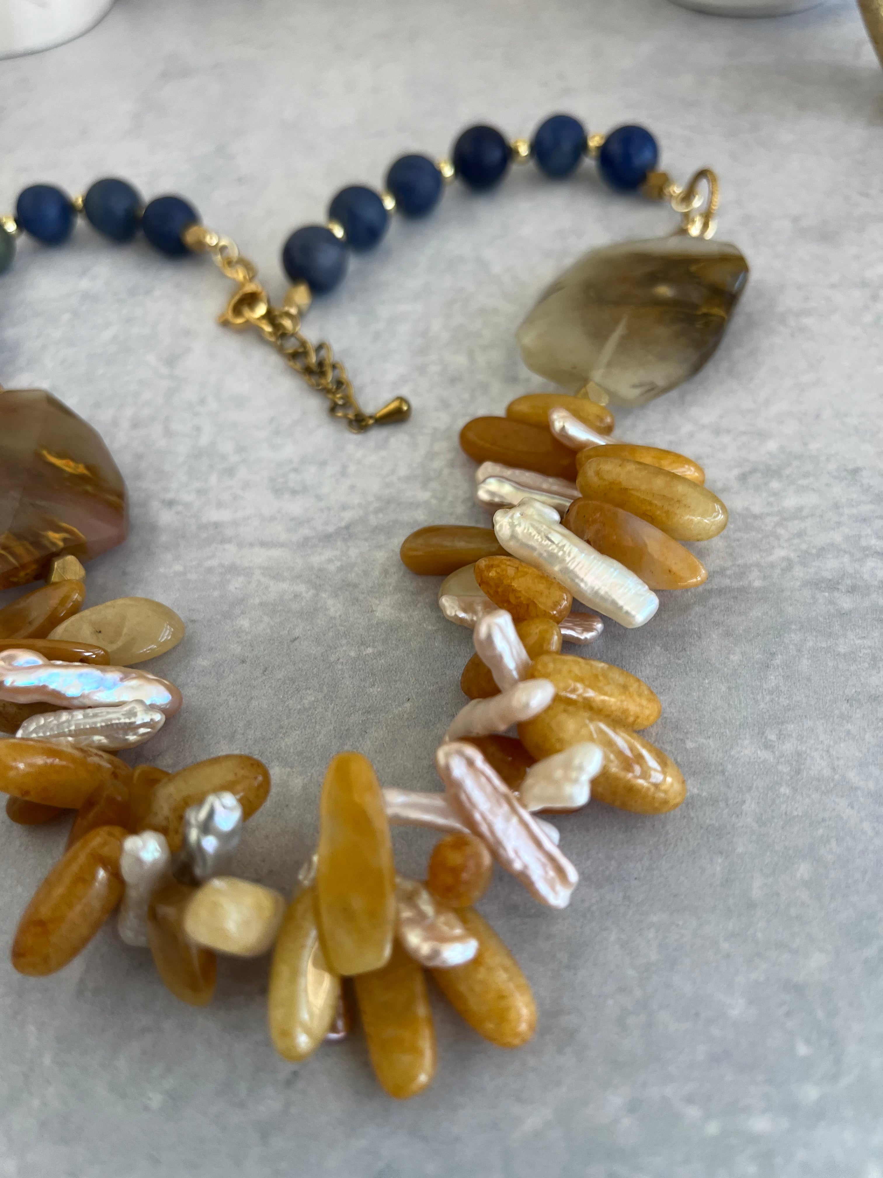 'Elodie" | Natural Matte Lapiz Stone with Large Golden Healer Quartz Vocals and Yellow Jade, Citrine and Freshwater Pearls in Sticks