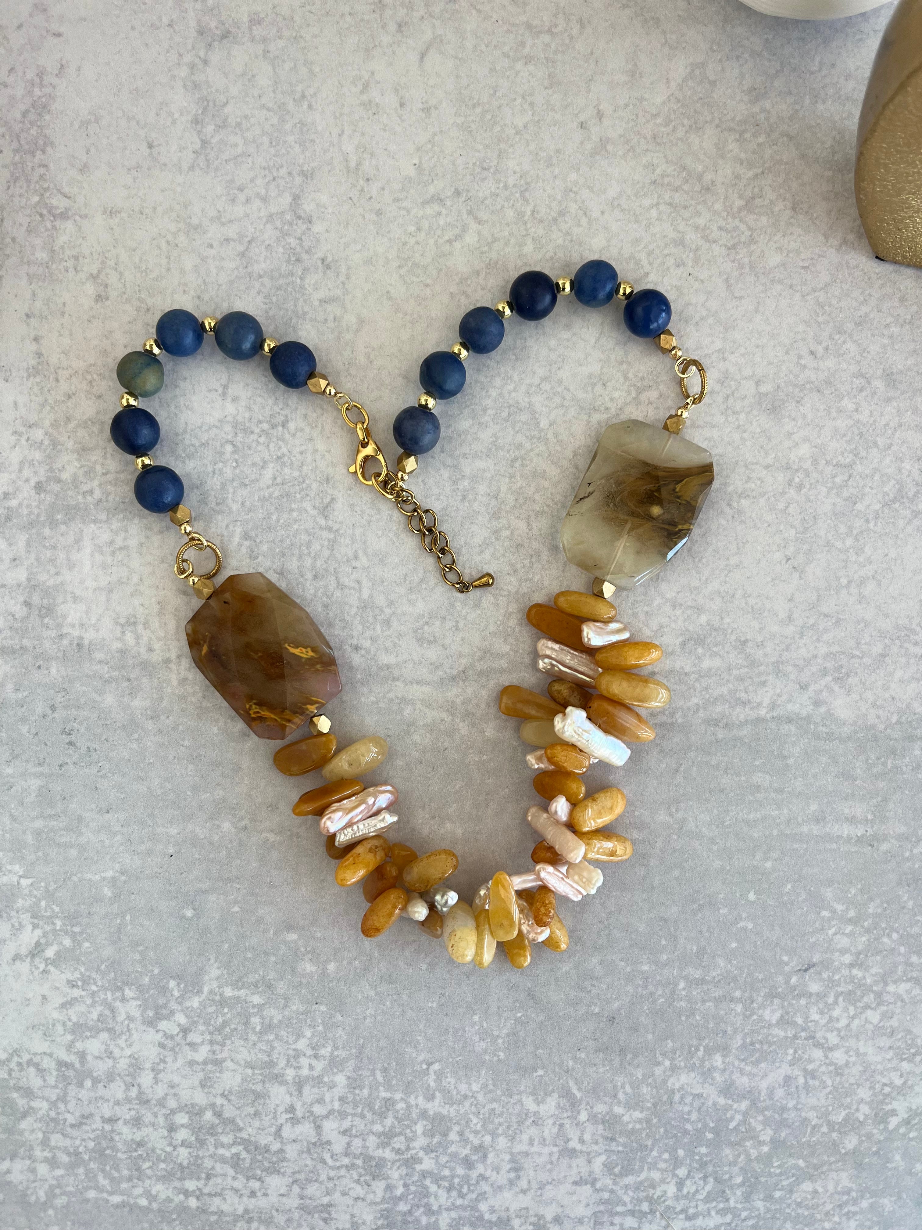 'Elodie" | Natural Matte Lapiz Stone with Large Golden Healer Quartz Vocals and Yellow Jade, Citrine and Freshwater Pearls in Sticks