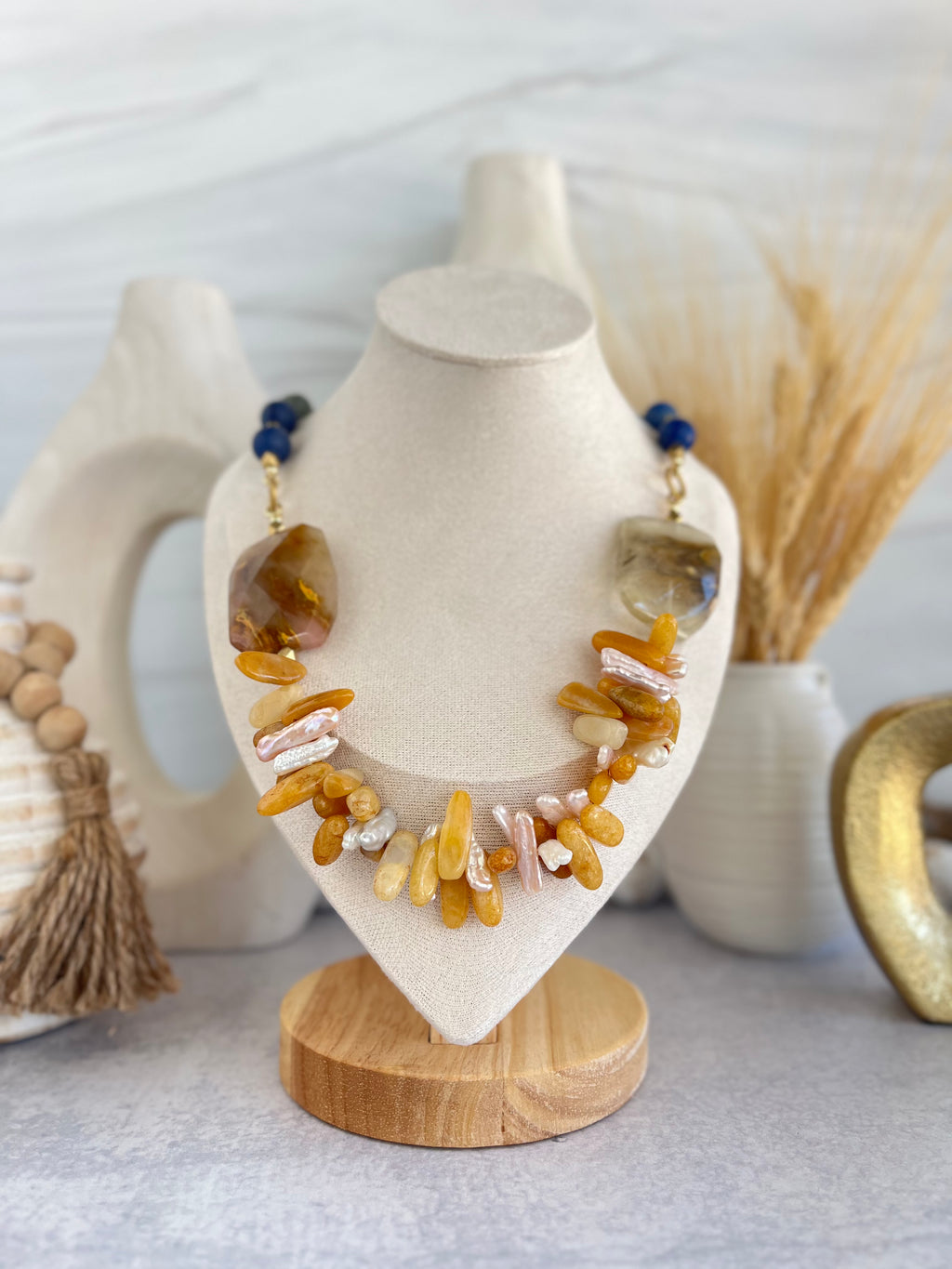 'Elodie" | Natural Matte Lapiz Stone with Large Golden Healer Quartz Vocals and Yellow Jade, Citrine and Freshwater Pearls in Sticks