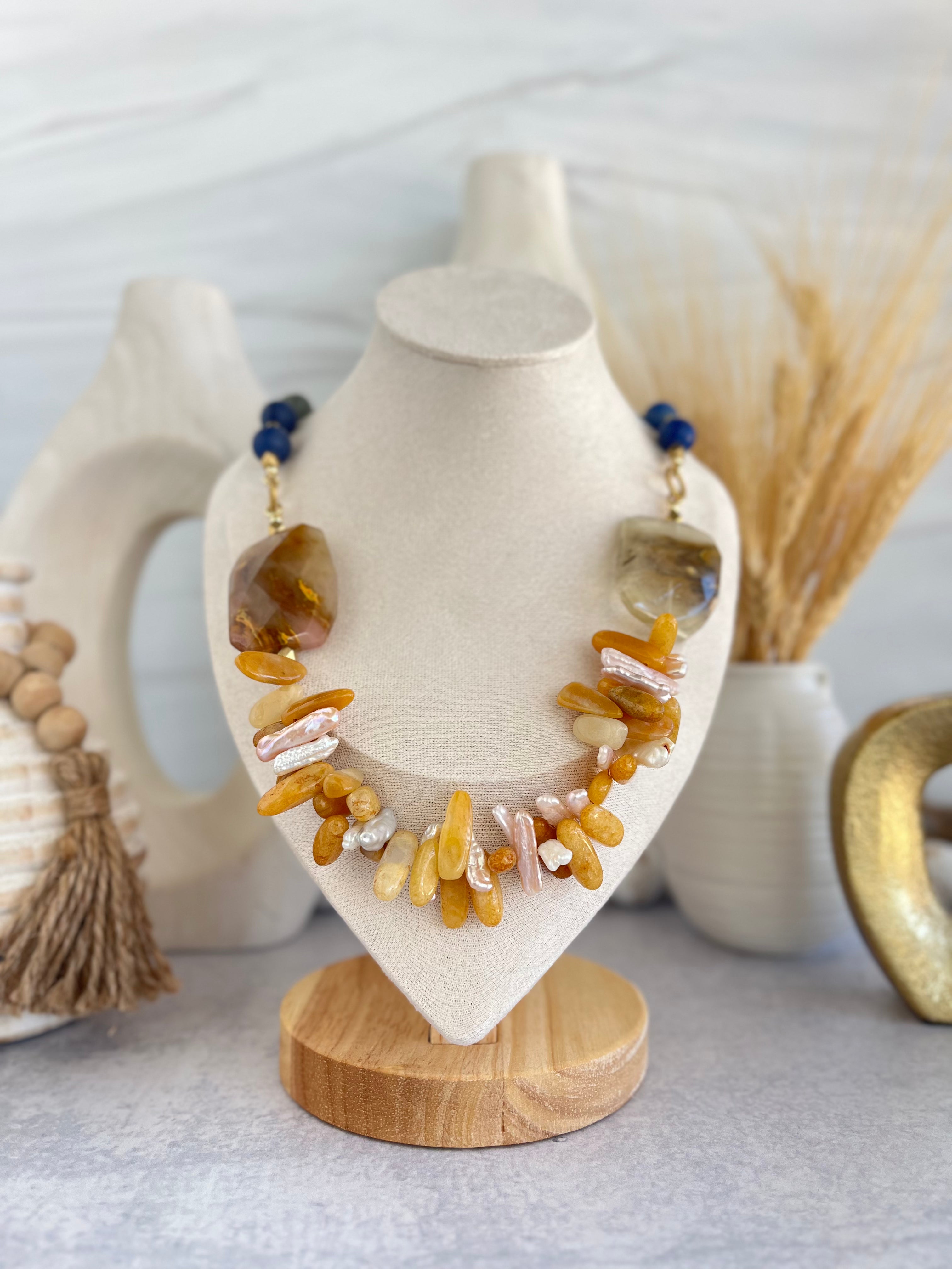 'Elodie" | Natural Matte Lapiz Stone with Large Golden Healer Quartz Vocals and Yellow Jade, Citrine and Freshwater Pearls in Sticks
