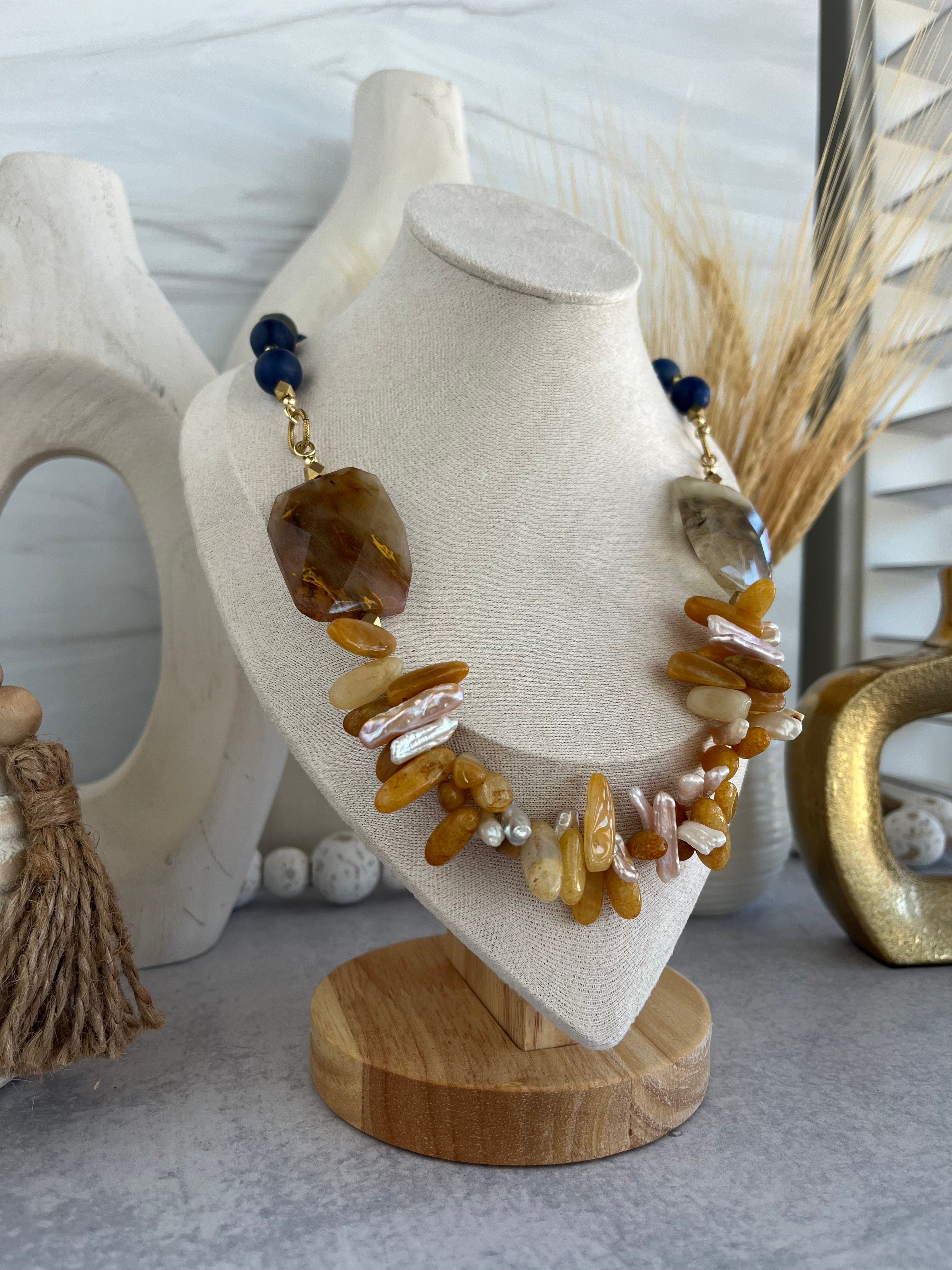 'Elodie" | Natural Matte Lapiz Stone with Large Golden Healer Quartz Vocals and Yellow Jade, Citrine and Freshwater Pearls in Sticks