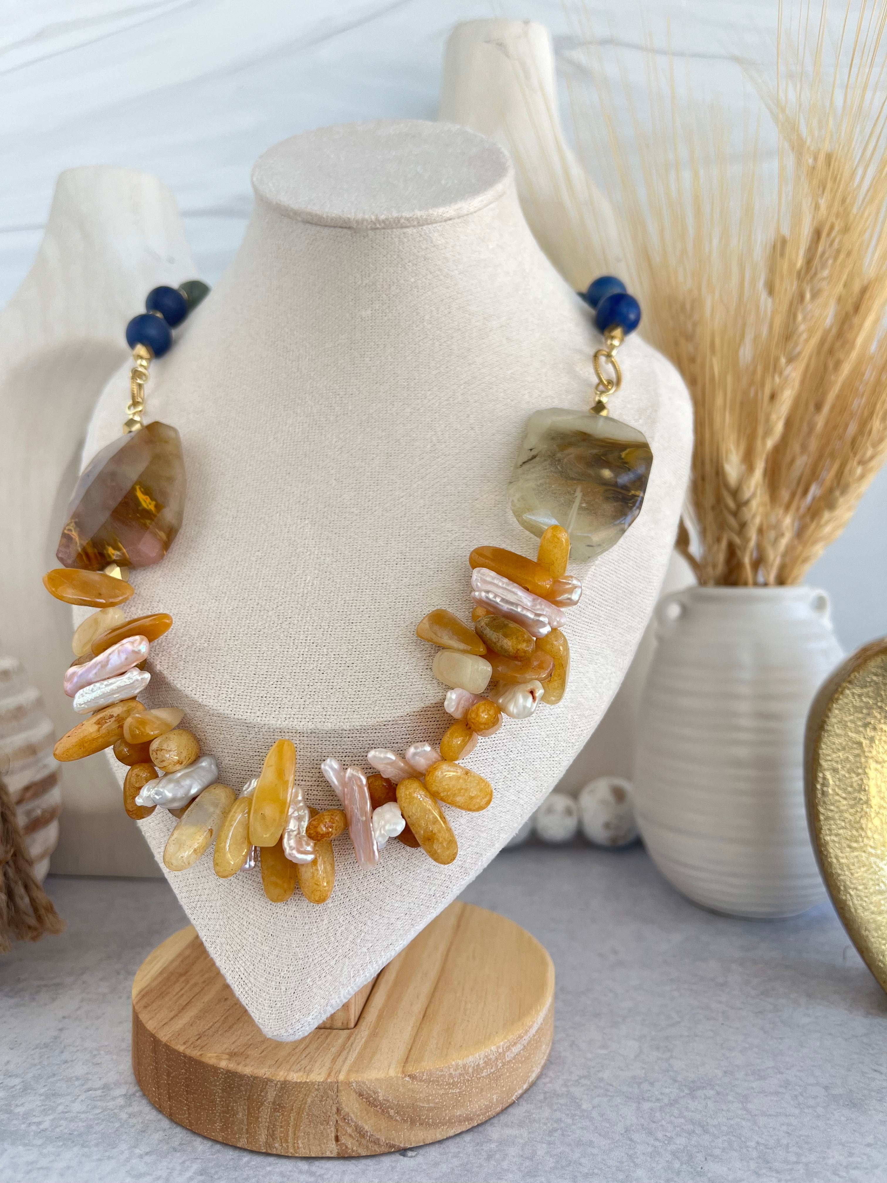 'Elodie" | Natural Matte Lapiz Stone with Large Golden Healer Quartz Vocals and Yellow Jade, Citrine and Freshwater Pearls in Sticks