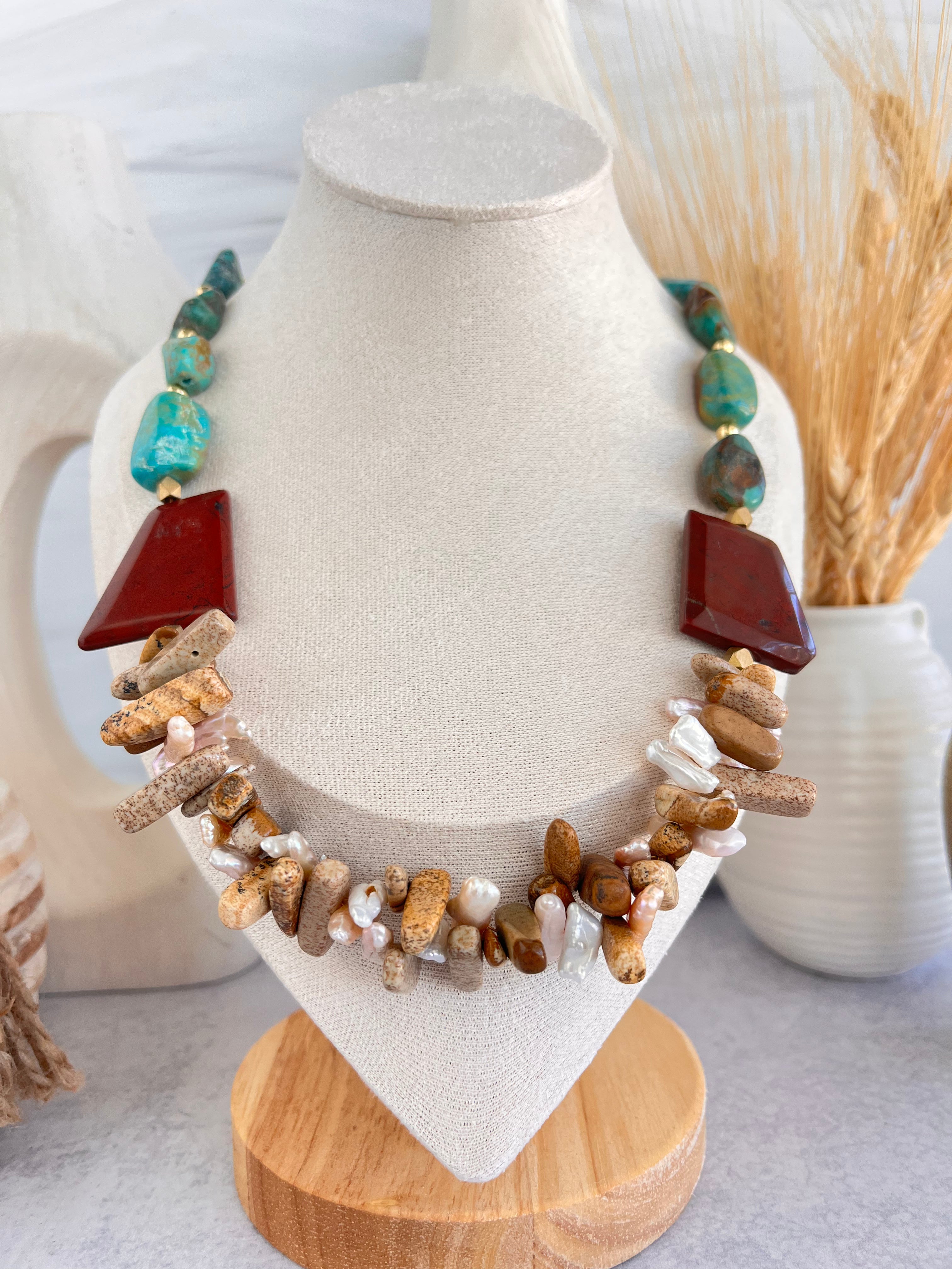 'Kenza' | Natural Turquoise, Red Jasper, Picture Jasper and Freshwater Pearl Sticks Necklace