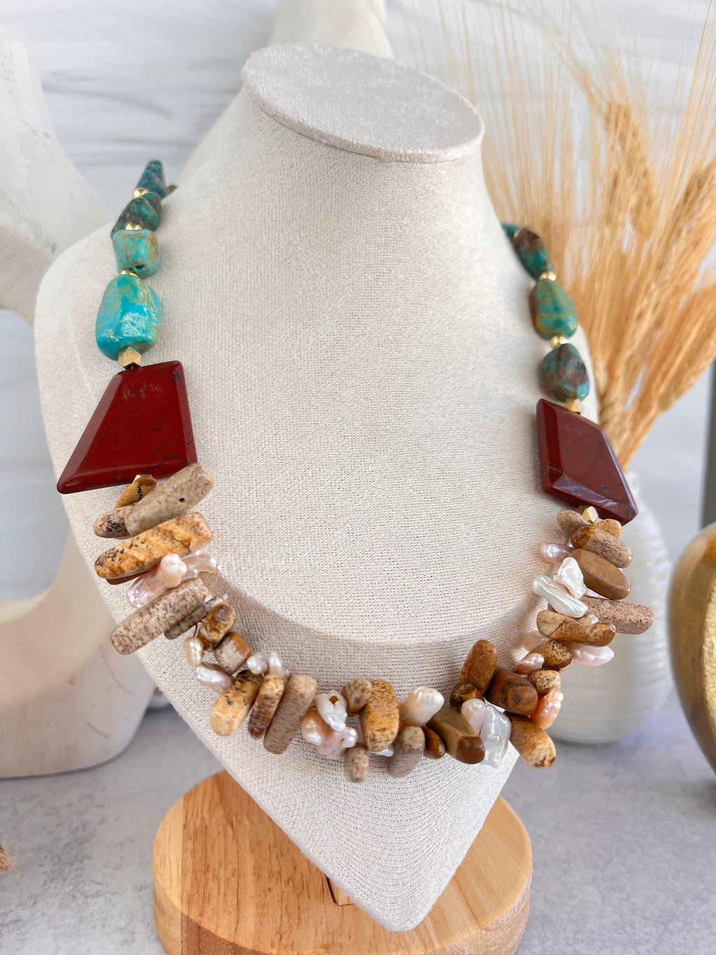 'Kenza' | Natural Turquoise, Red Jasper, Picture Jasper and Freshwater Pearl Sticks Necklace