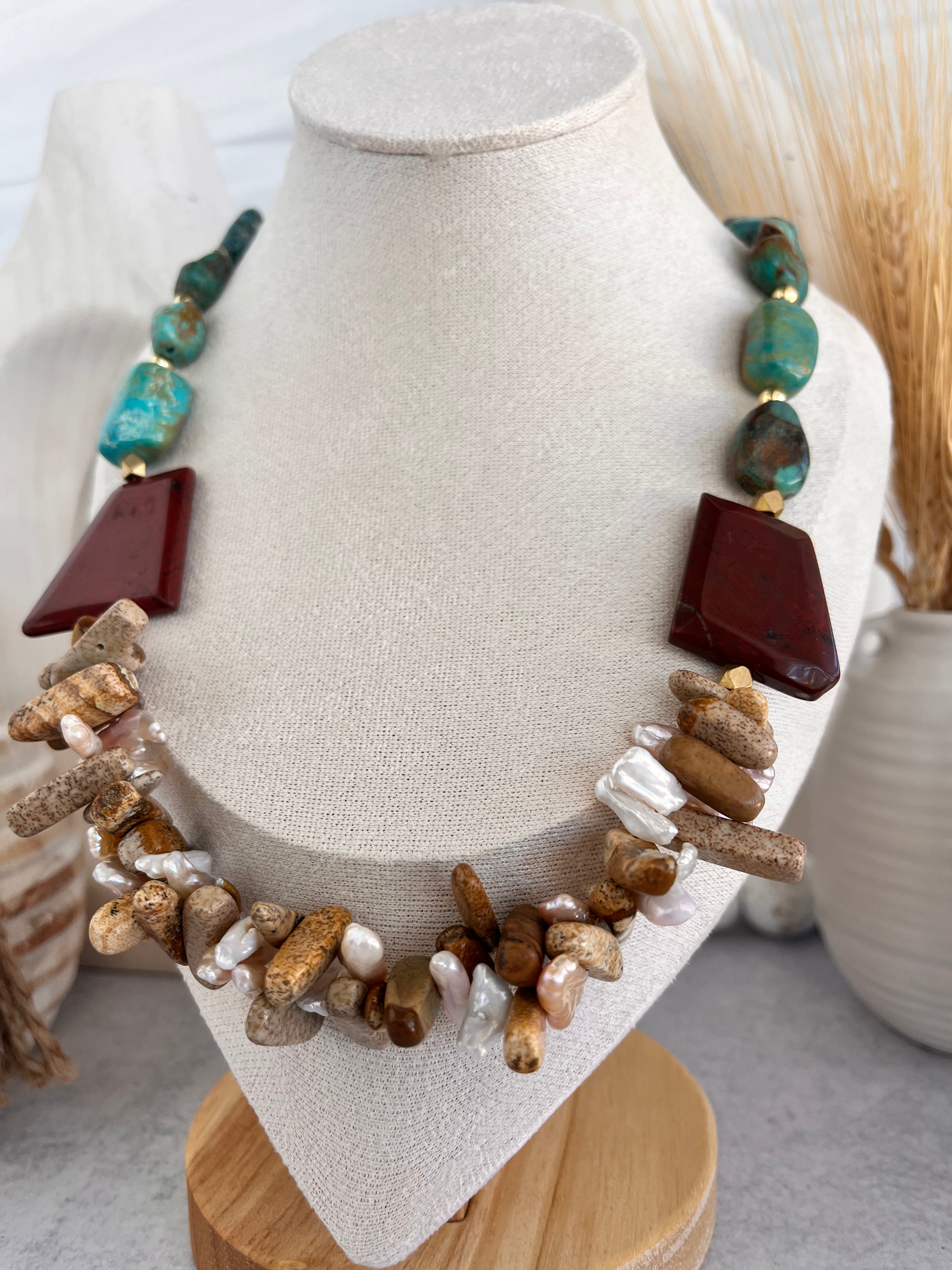 'Kenza' | Natural Turquoise, Red Jasper, Picture Jasper and Freshwater Pearl Sticks Necklace