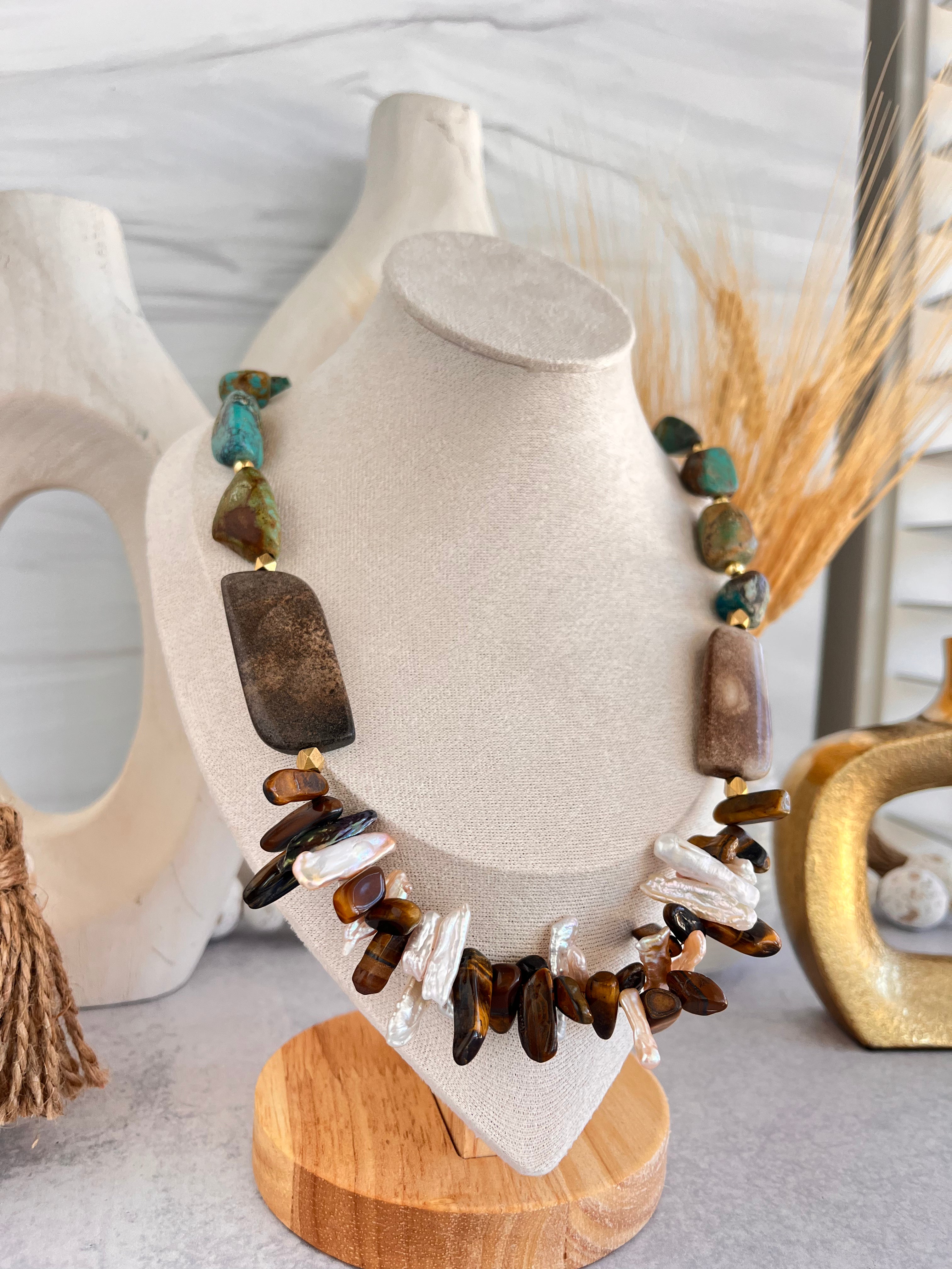 'Ines' | Natural Turquoise, Sheep Skin Jasper, Tiger's Eye and Freshwater Pearl Sticks Necklace