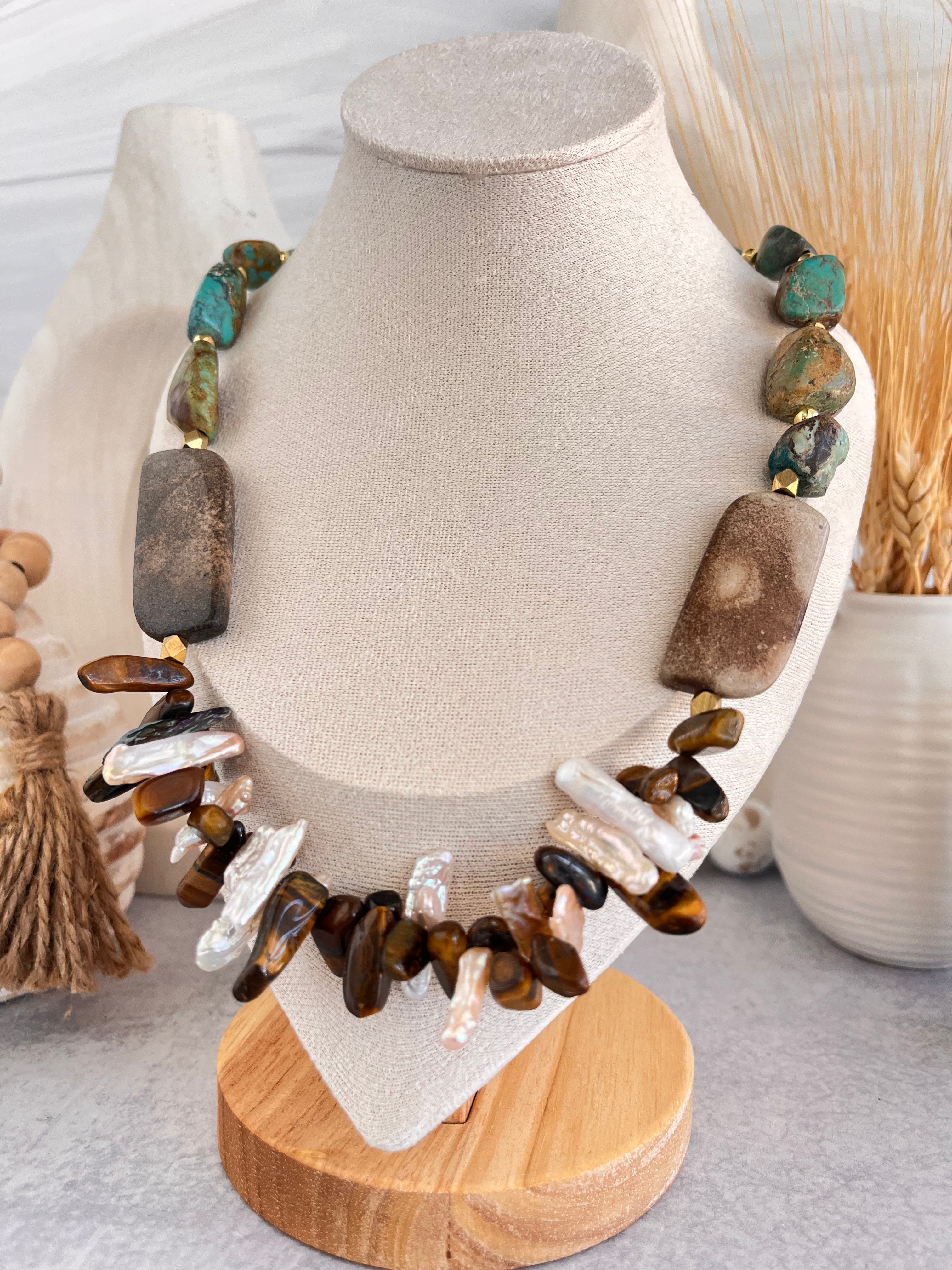'Ines' | Natural Turquoise, Sheep Skin Jasper, Tiger's Eye and Freshwater Pearl Sticks Necklace