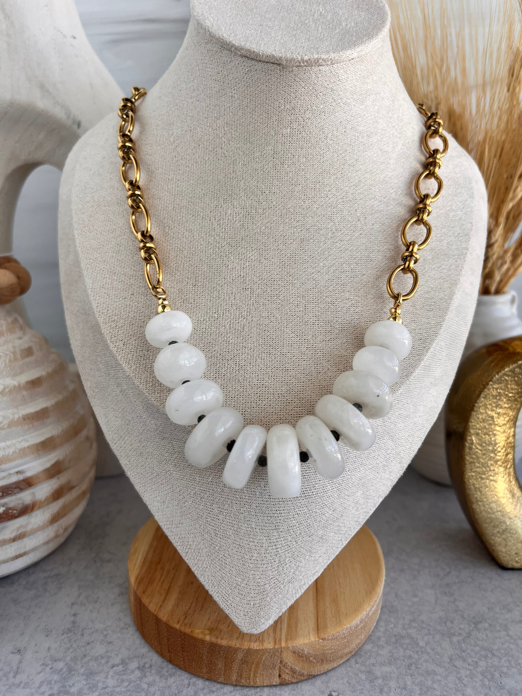 'Camille' | White Jade with Micro African Turquoise Accent and Chain