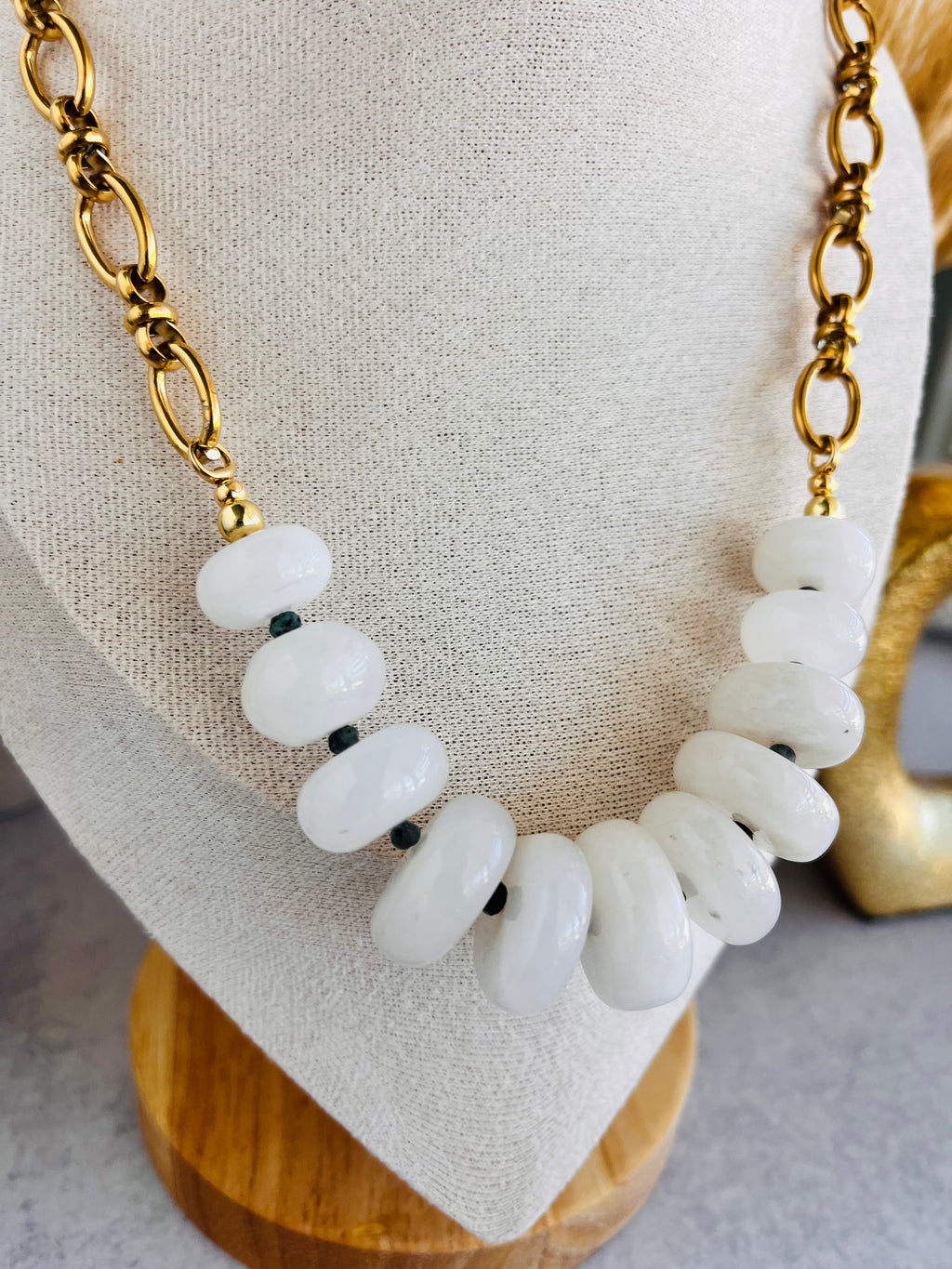 'Camille' | White Jade with Micro African Turquoise Accent and Chain