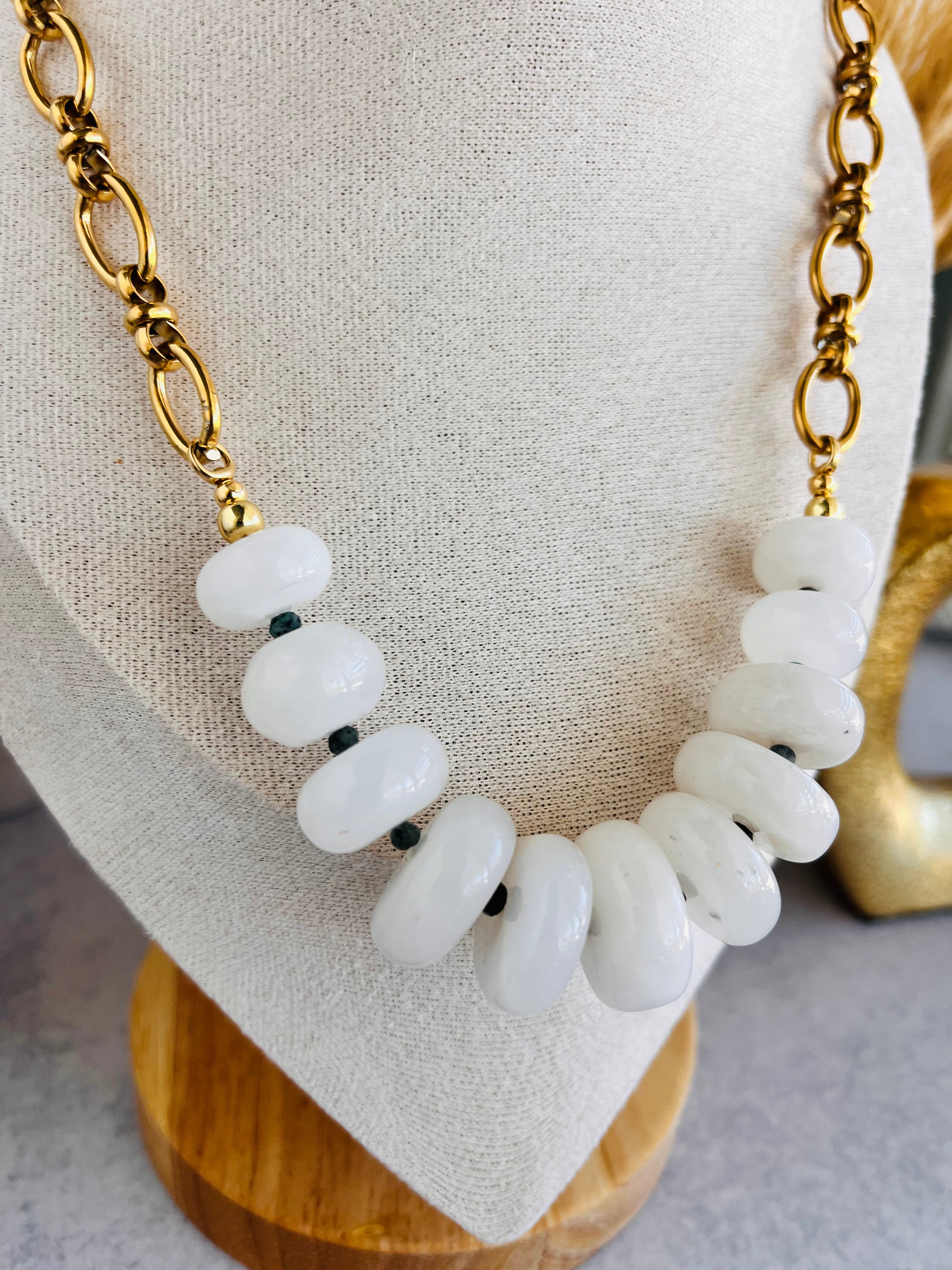 'Camille' | White Jade with Micro African Turquoise Accent and Chain