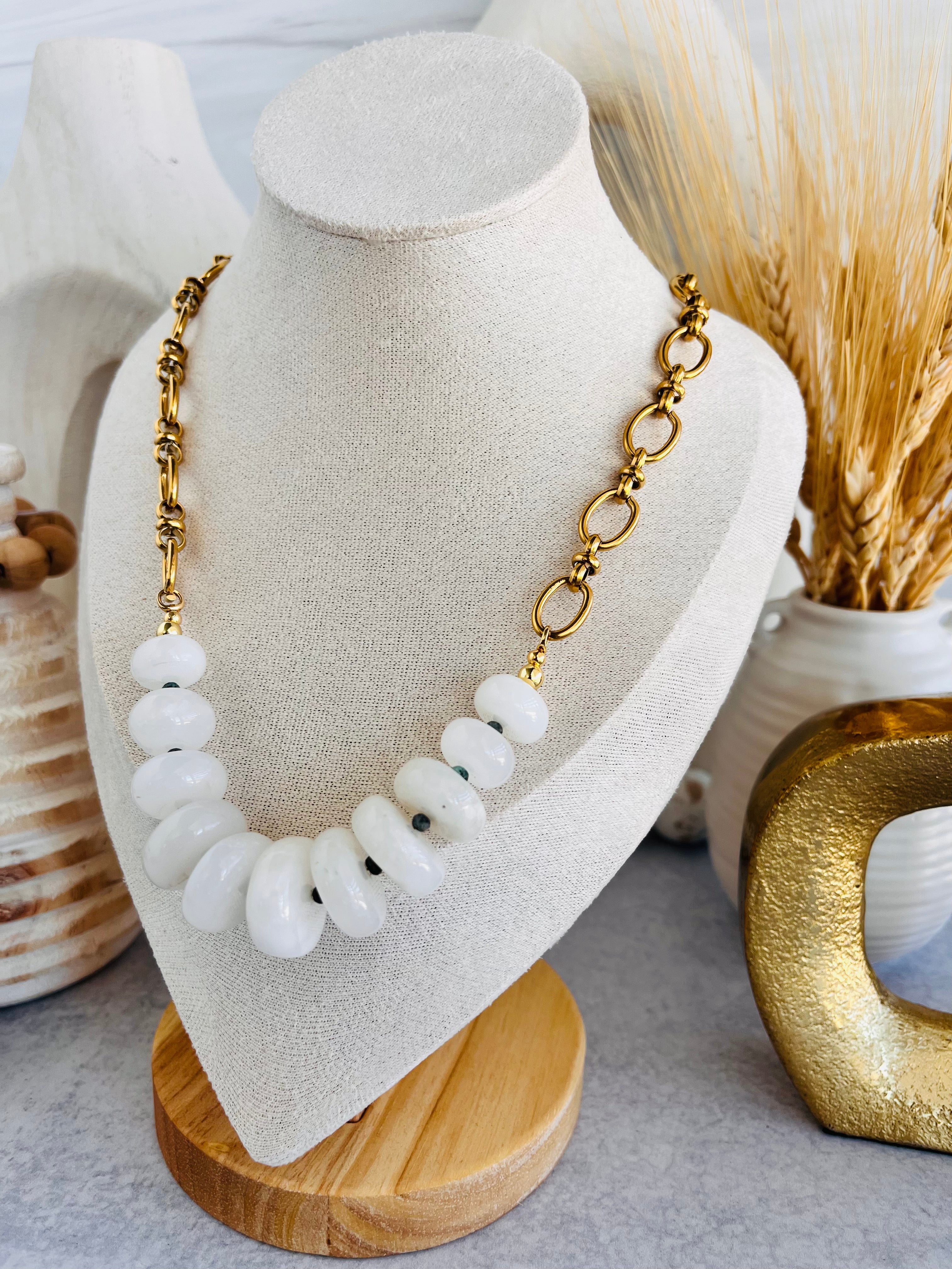 'Camille' | White Jade with Micro African Turquoise Accent and Chain