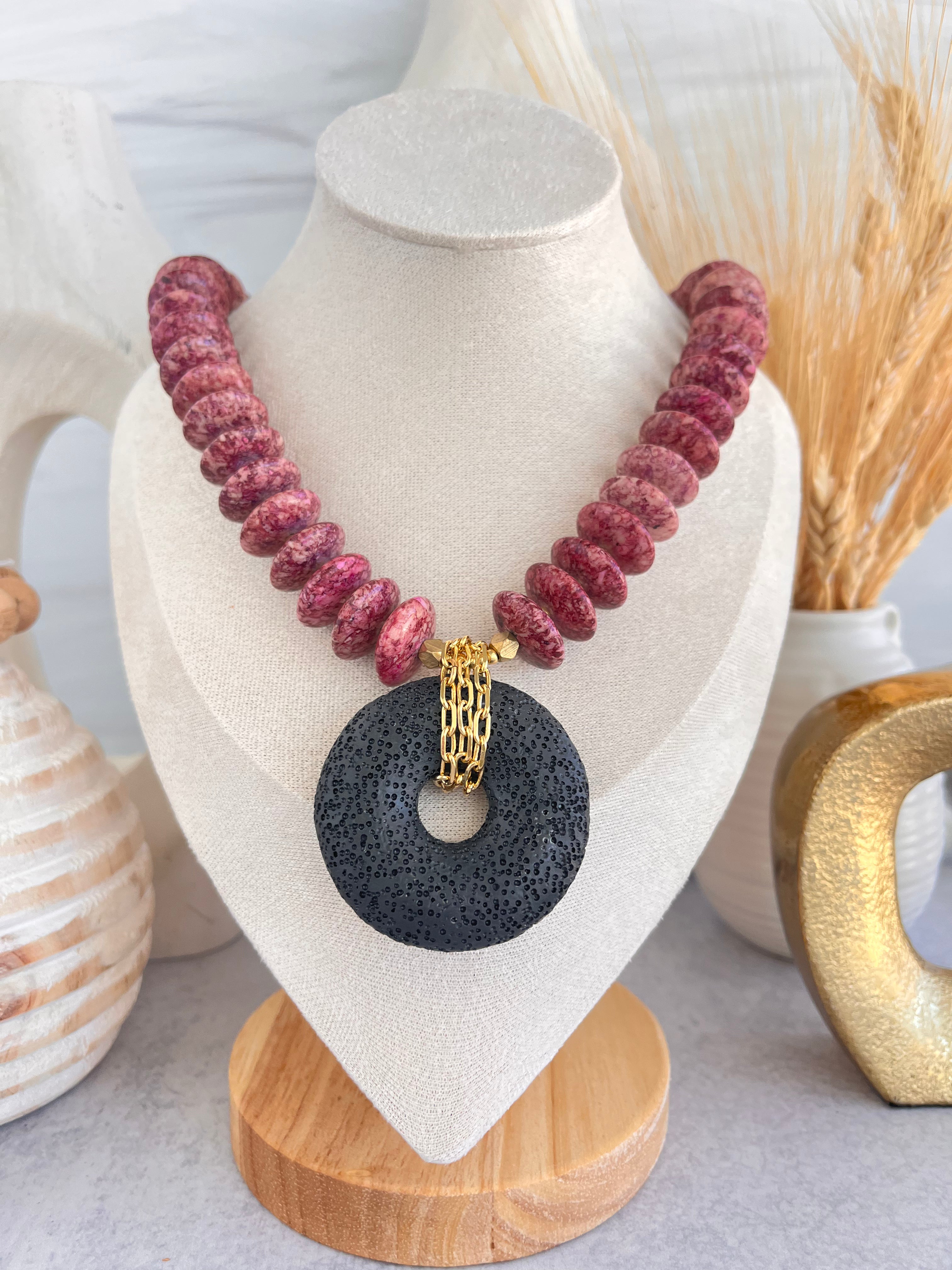 'Héloise' | Purple Fossil Jasper and Lava Rock Necklace