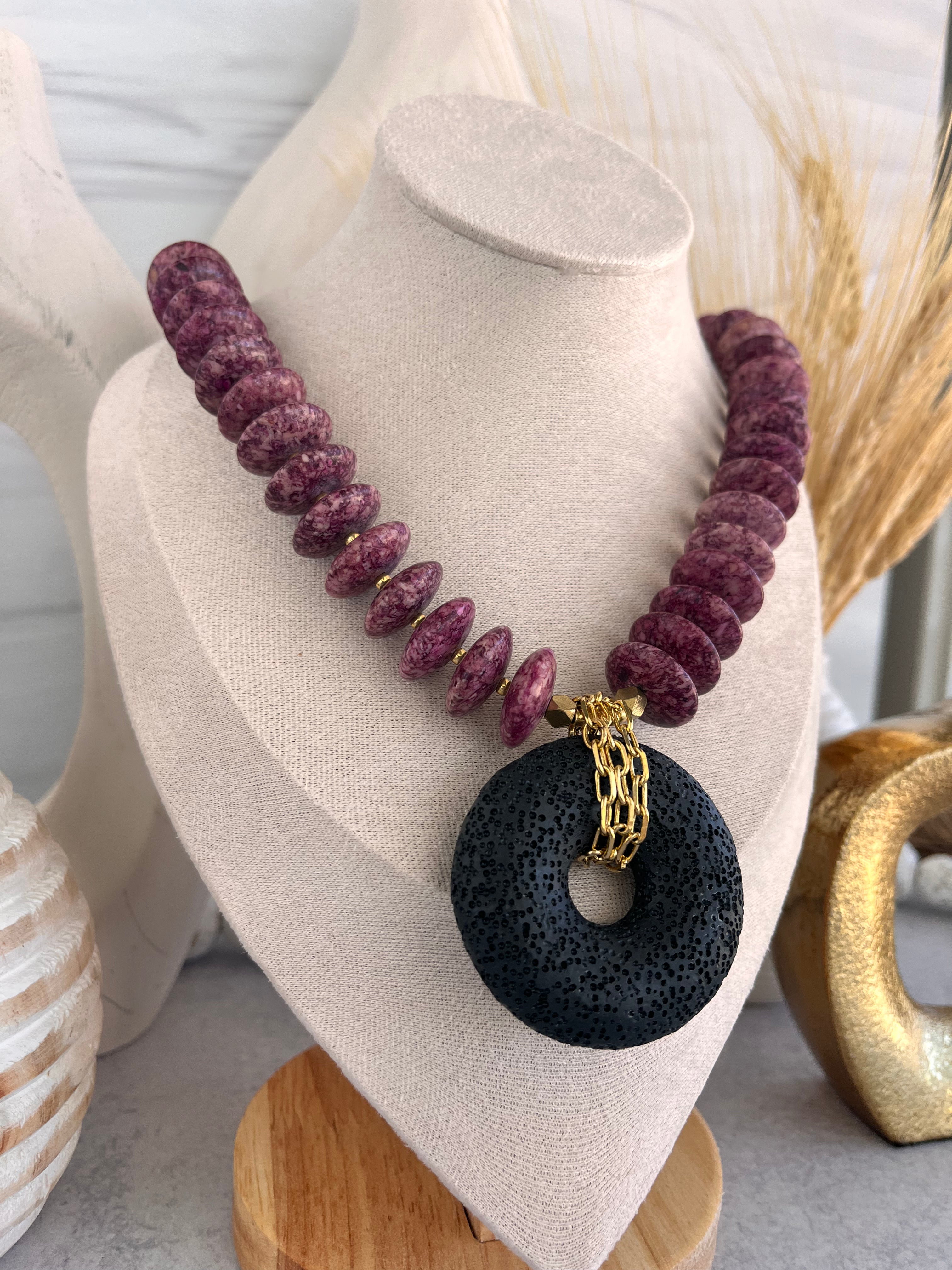 'Héloise' | Purple Fossil Jasper and Lava Rock Necklace