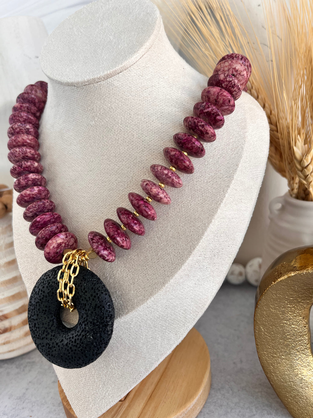 'Héloise' | Purple Fossil Jasper and Lava Rock Necklace