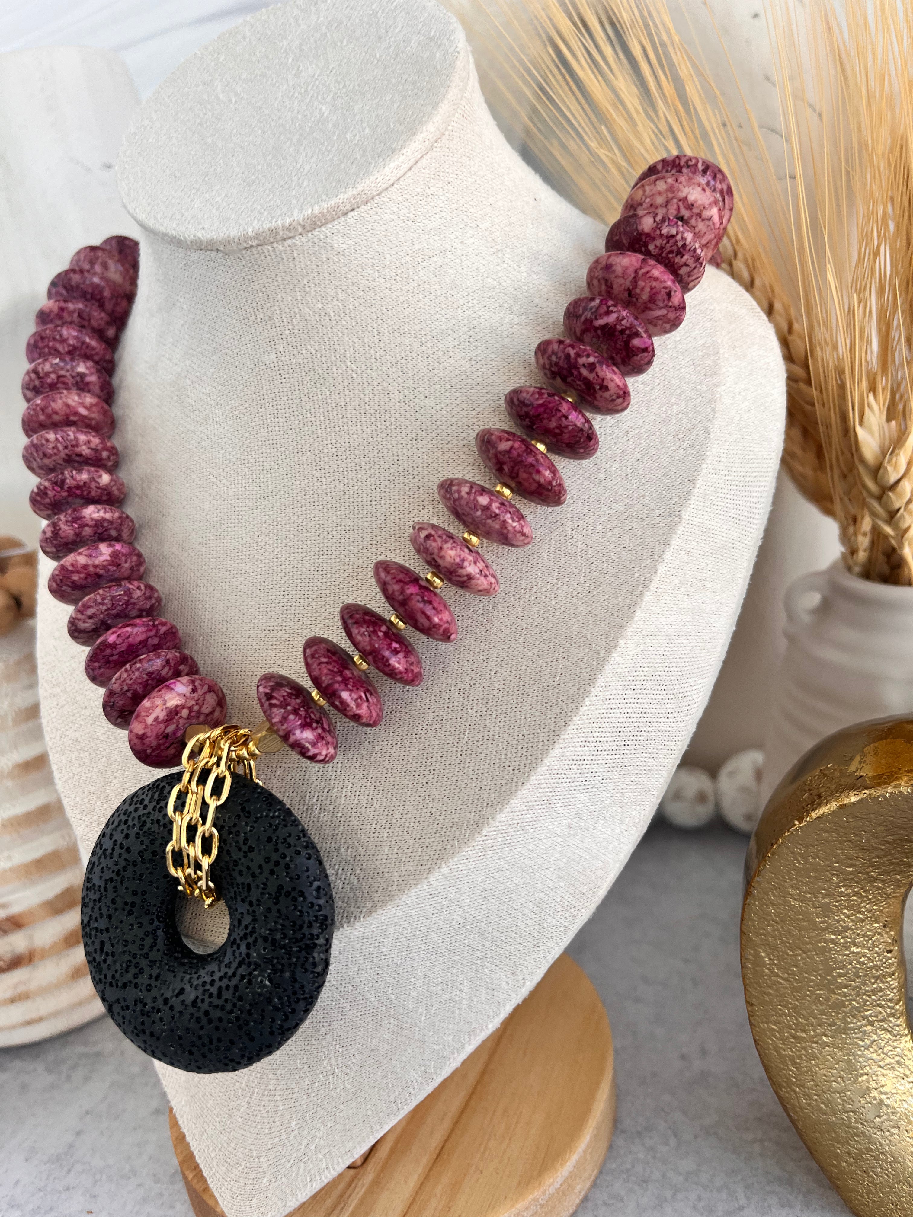 'Héloise' | Purple Fossil Jasper and Lava Rock Necklace