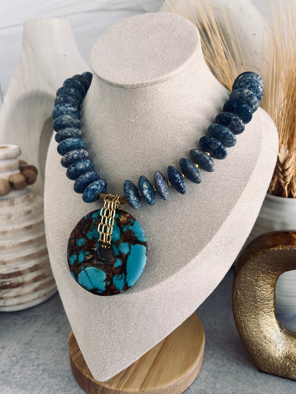 'Beatrice' | Sodalite with Turquoise and Bronzite Donut Necklace