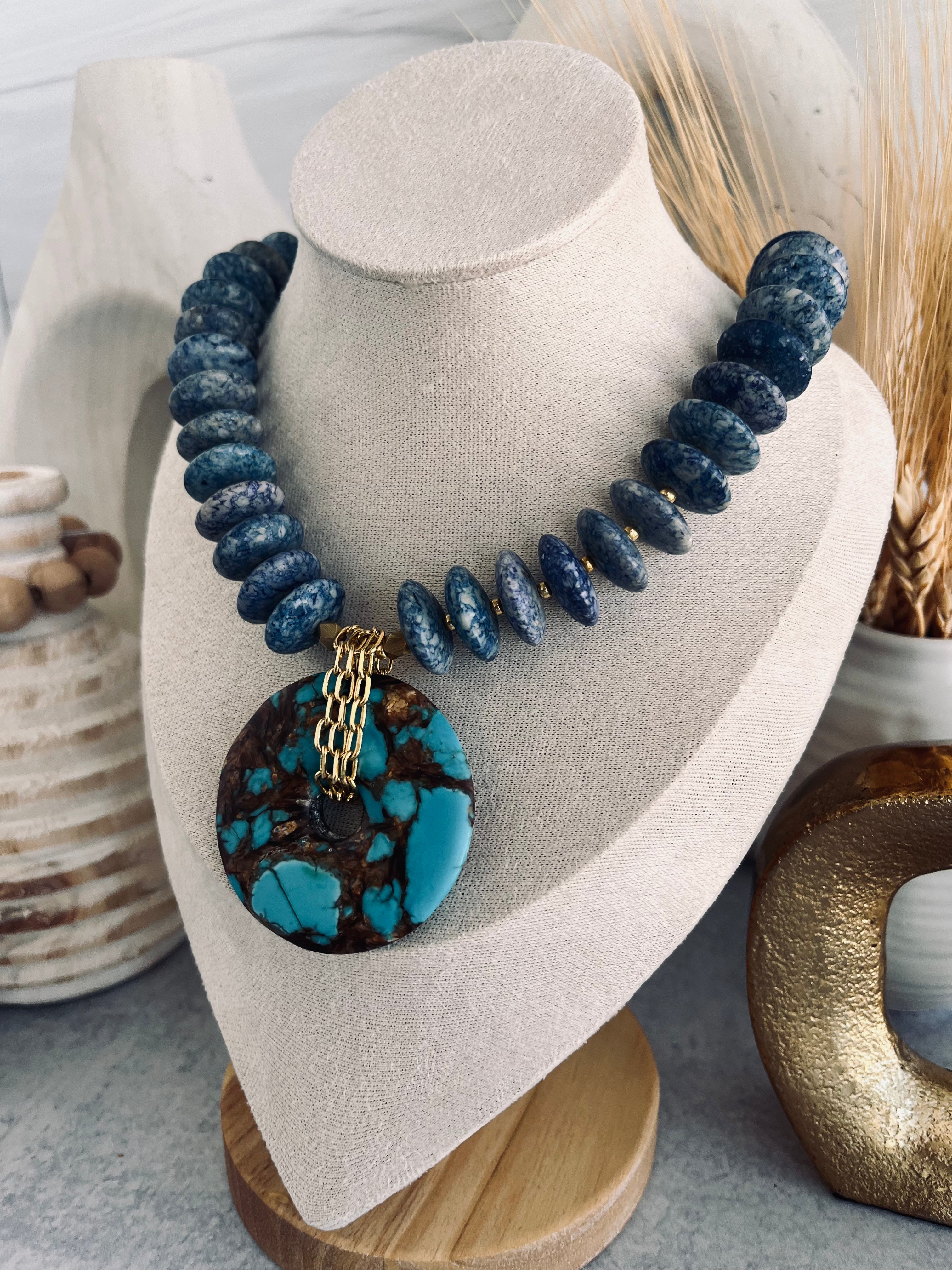 'Beatrice' | Sodalite with Turquoise and Bronzite Donut Necklace