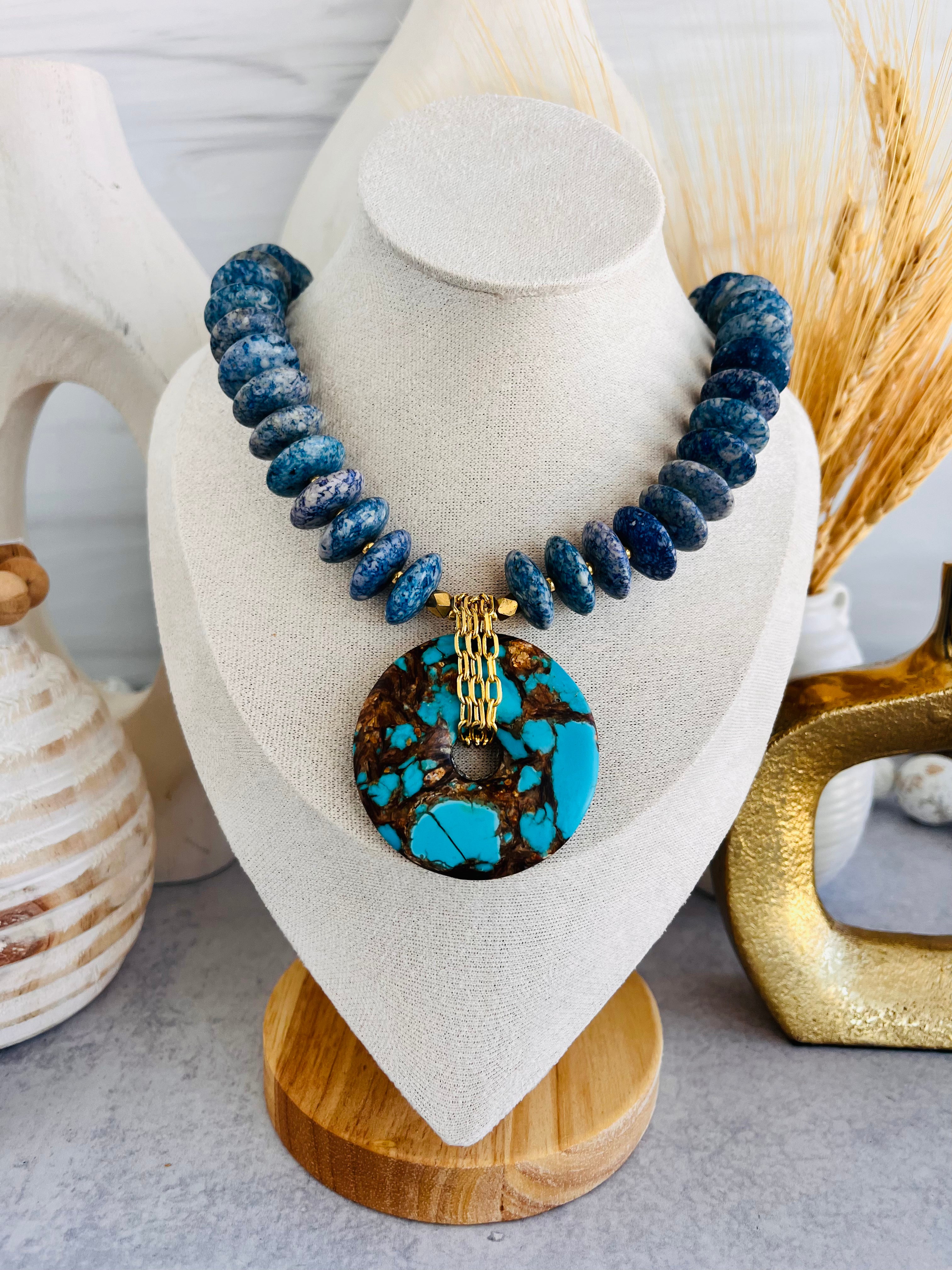 'Beatrice' | Sodalite with Turquoise and Bronzite Donut Necklace