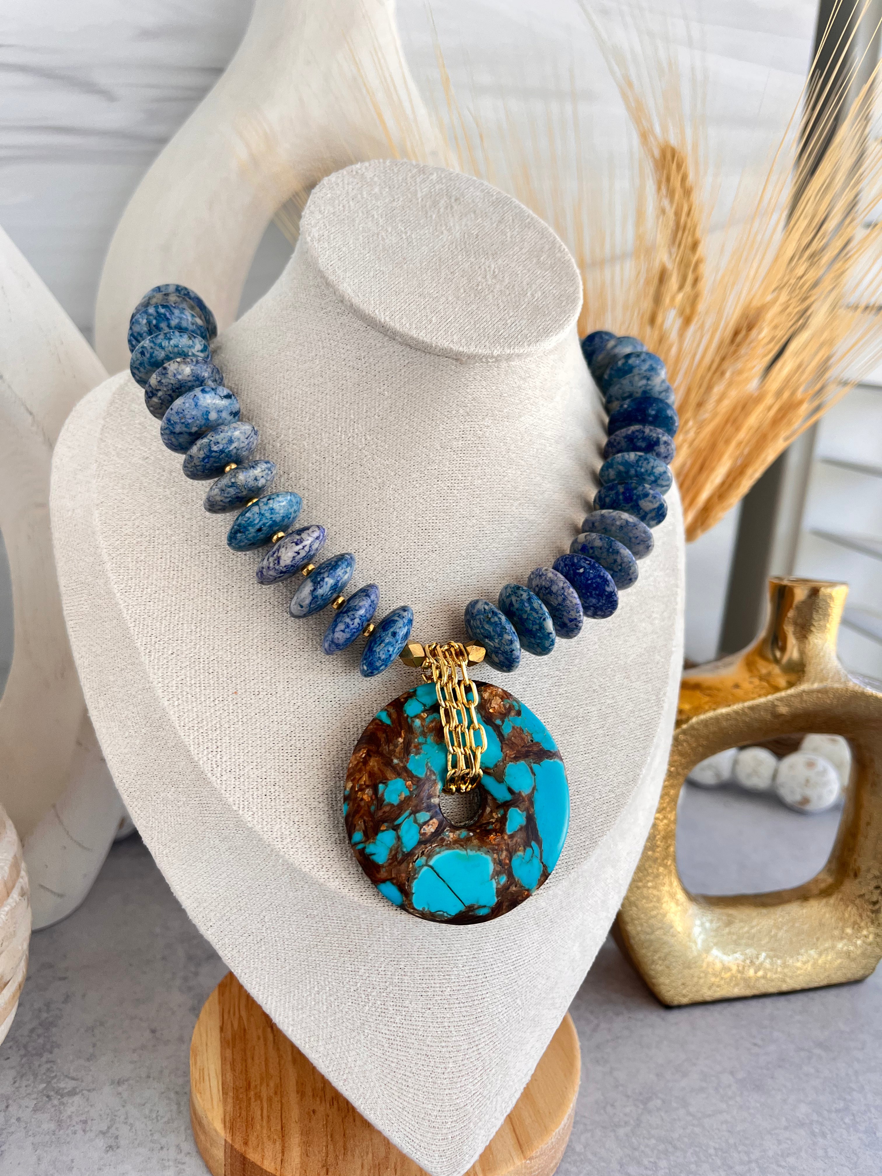 'Beatrice' | Sodalite with Turquoise and Bronzite Donut Necklace