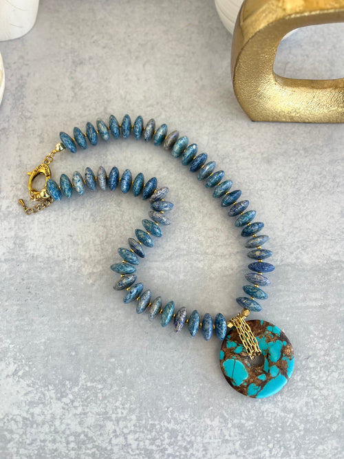 'Beatrice' | Sodalite with Turquoise and Bronzite Donut Necklace
