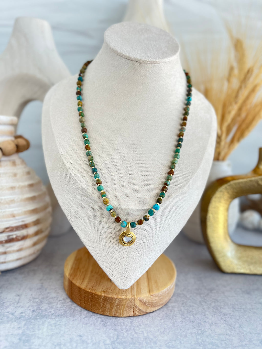 'Zoé' | Natural Dainty Faceted Cube Turquoise with Antique Gold Pendant