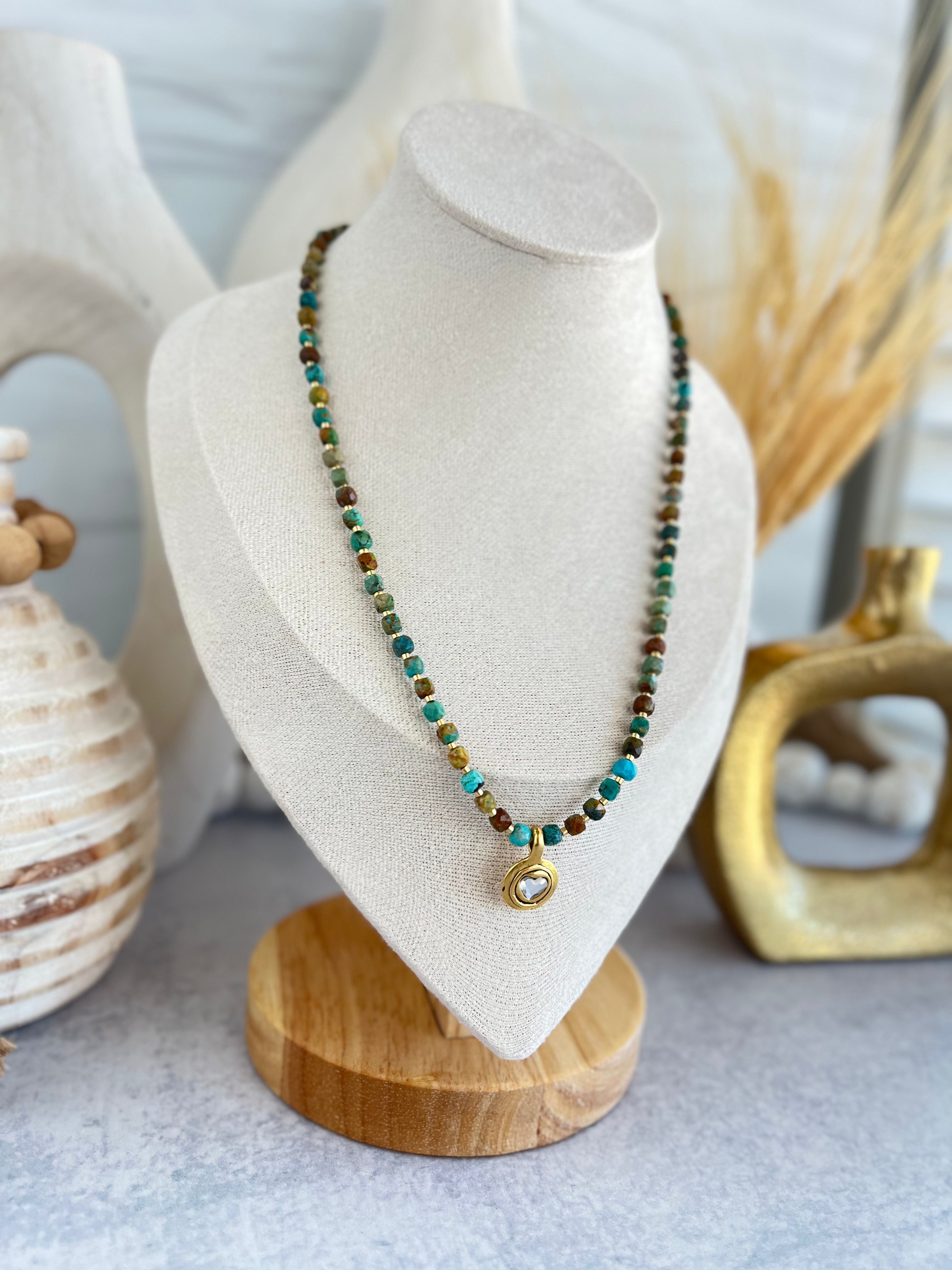 'Zoé' | Natural Dainty Faceted Cube Turquoise with Antique Gold Pendant