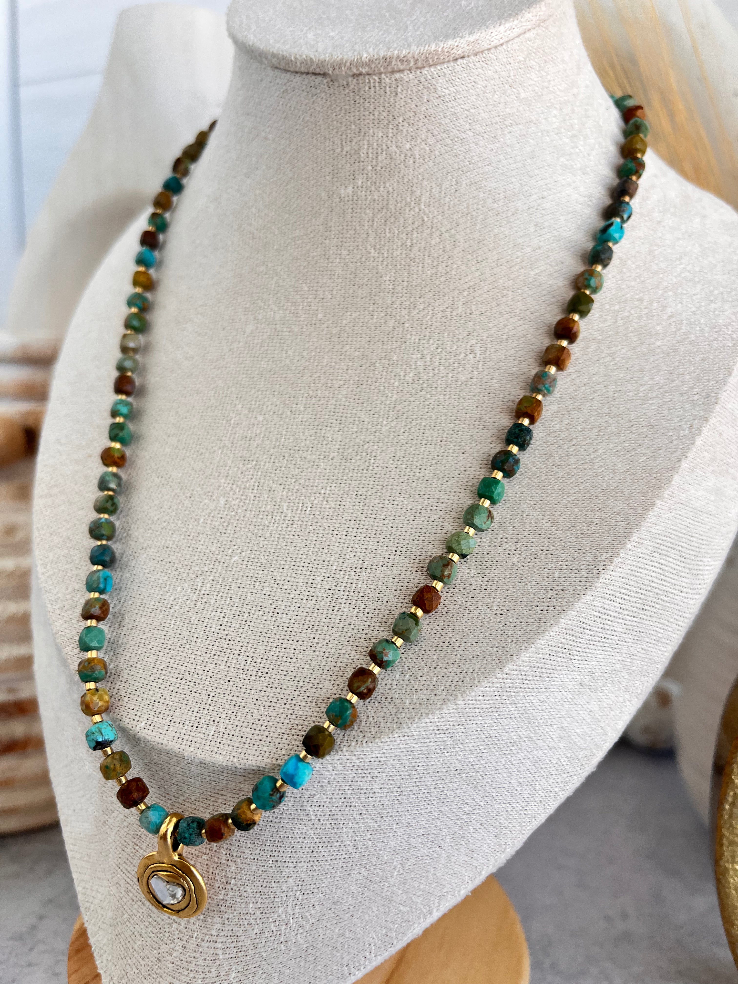 'Zoé' | Natural Dainty Faceted Cube Turquoise with Antique Gold Pendant