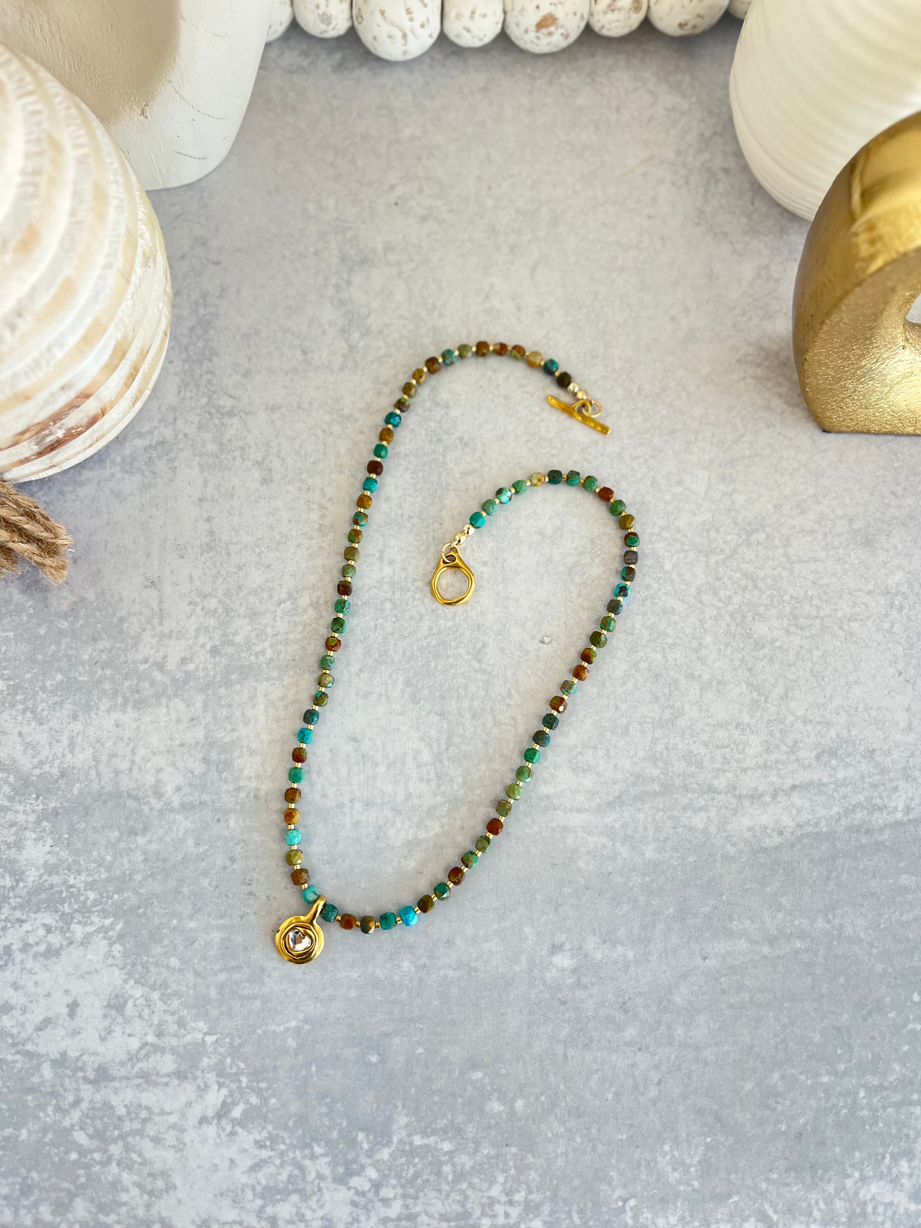 'Zoé' | Natural Dainty Faceted Cube Turquoise with Antique Gold Pendant